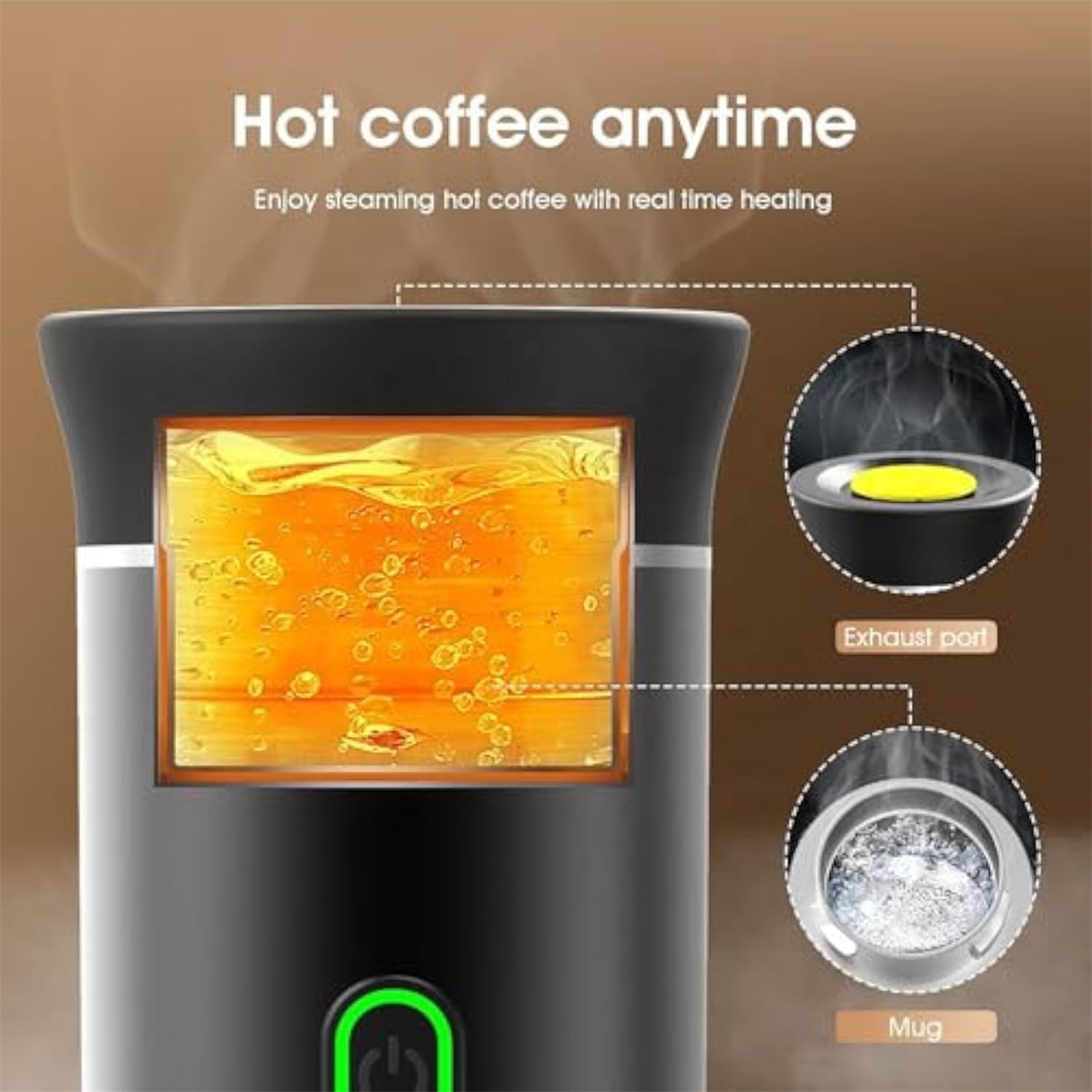 Nahaufnahme einer Kaffeemaschine, die den Heizvorgang zeigt.