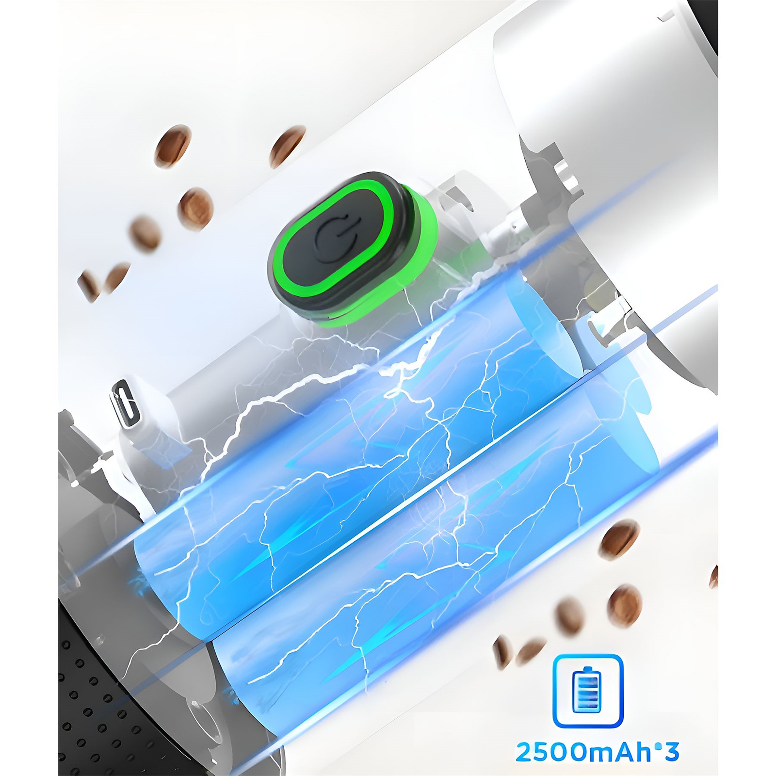 Ein weißes und grünes Gerät mit einem Ein-/Ausschalter, blauen Zylindern und Kaffeebohnen.