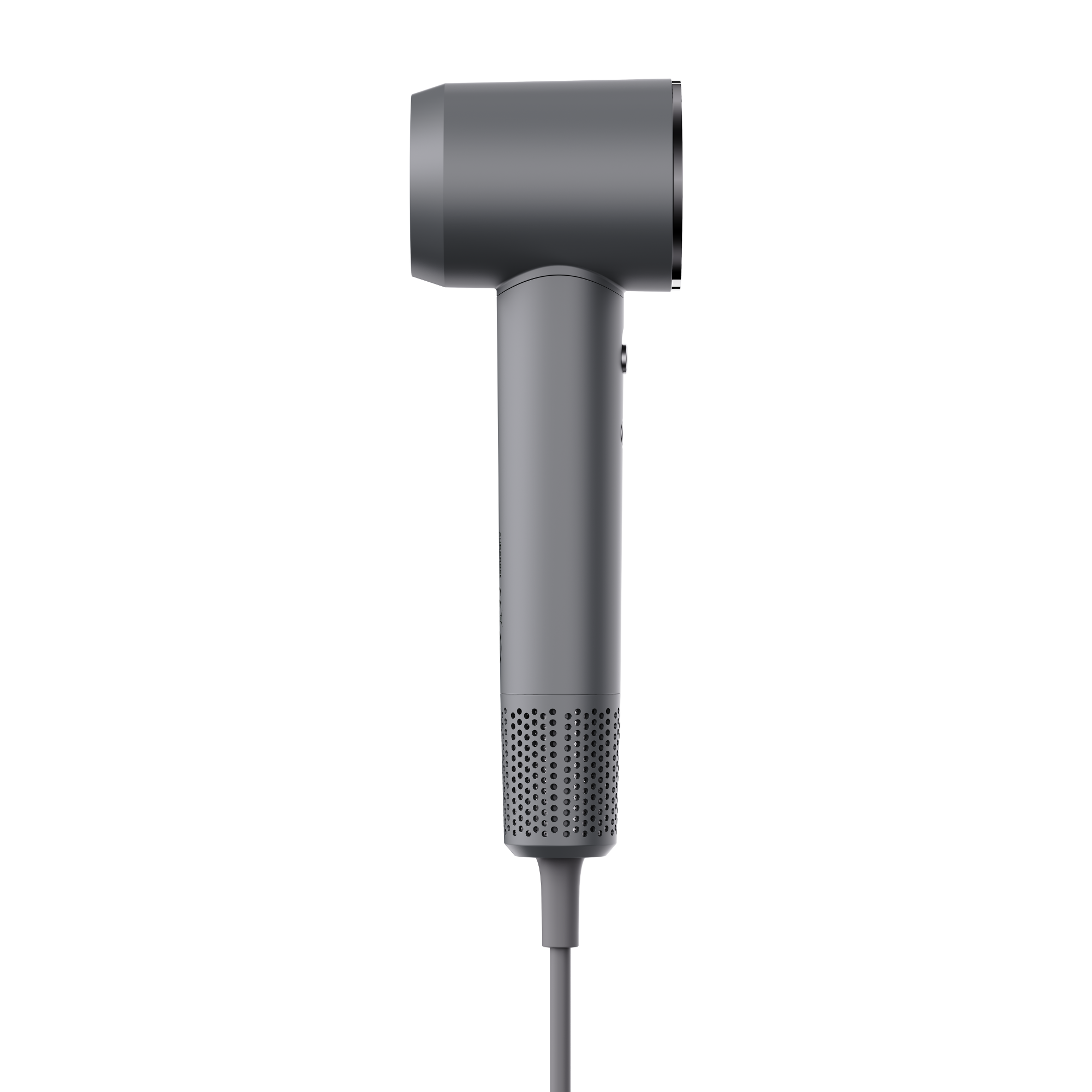 Grauer Haartrockner mit grauem Griff und Mesh-Filter.