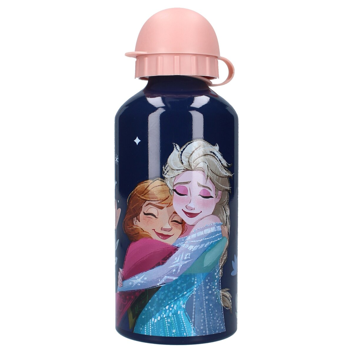 Eine marineblaue Wasserflasche mit zwei Cartoonfiguren, die sich umarmen, und einem rosafarbenen Deckel.