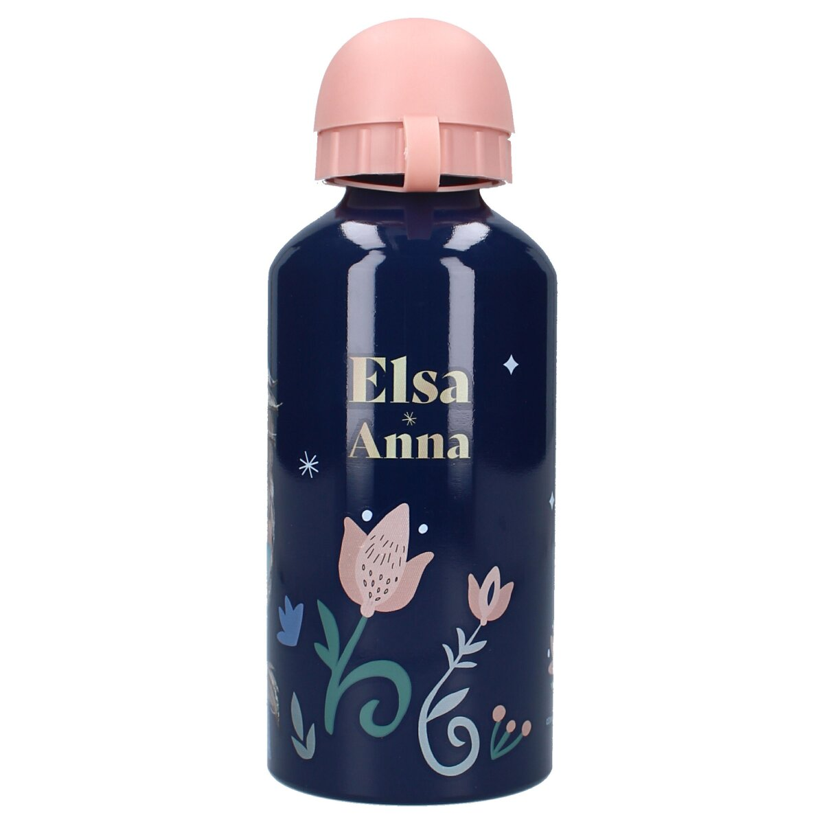 Eine blaue Wasserflasche mit rosa Deckel und den Namen Elsa und Anna.