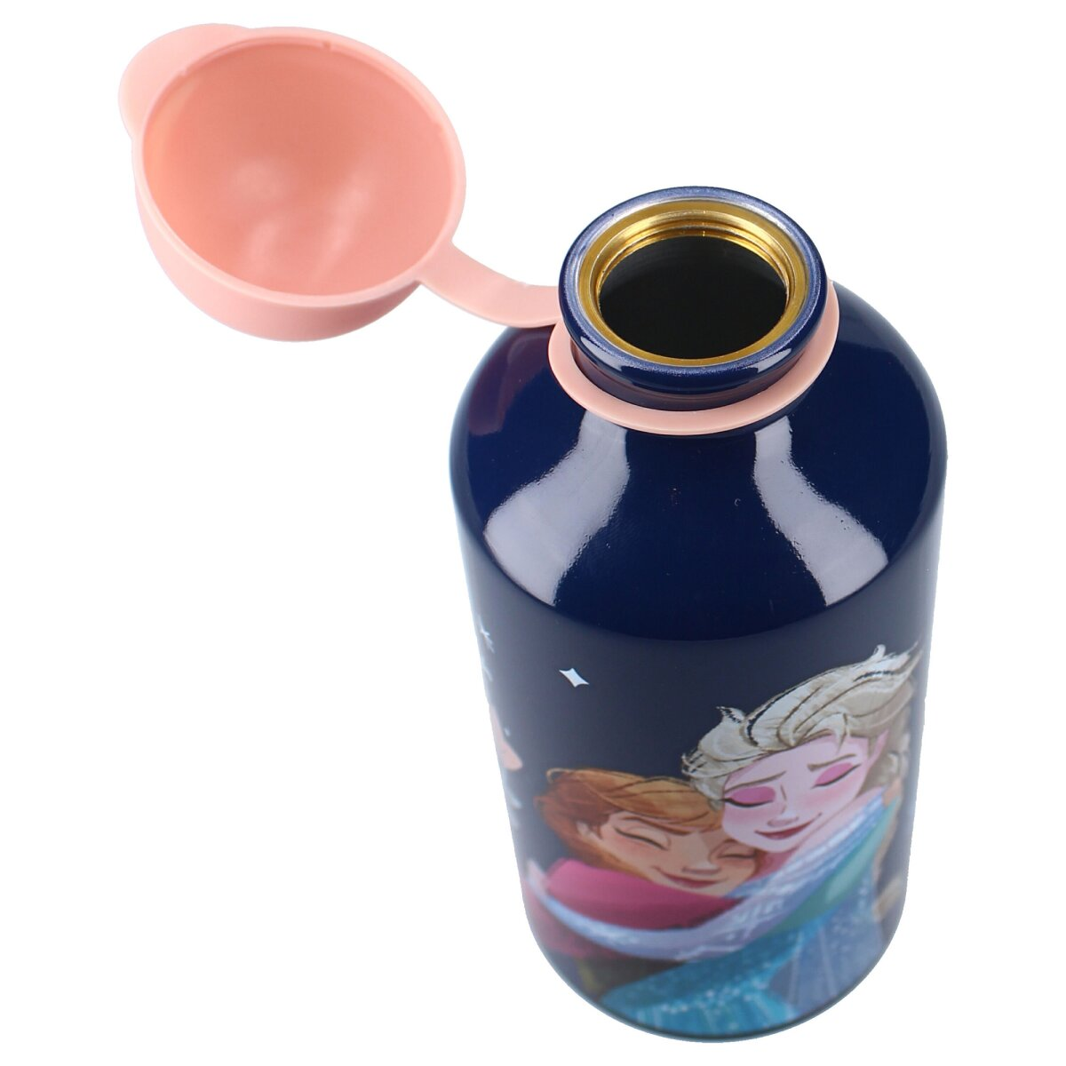 Eine Wasserflasche mit offenem rosa Deckel, die das Innere zeigt. Zwei Cartoonfiguren umarmen sich.