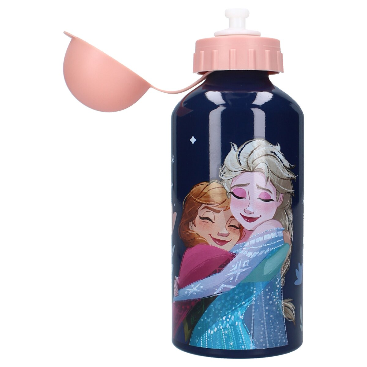 Eine Wasserflasche mit Anna und Elsa, die sich umarmen, und einem rosa Deckel.