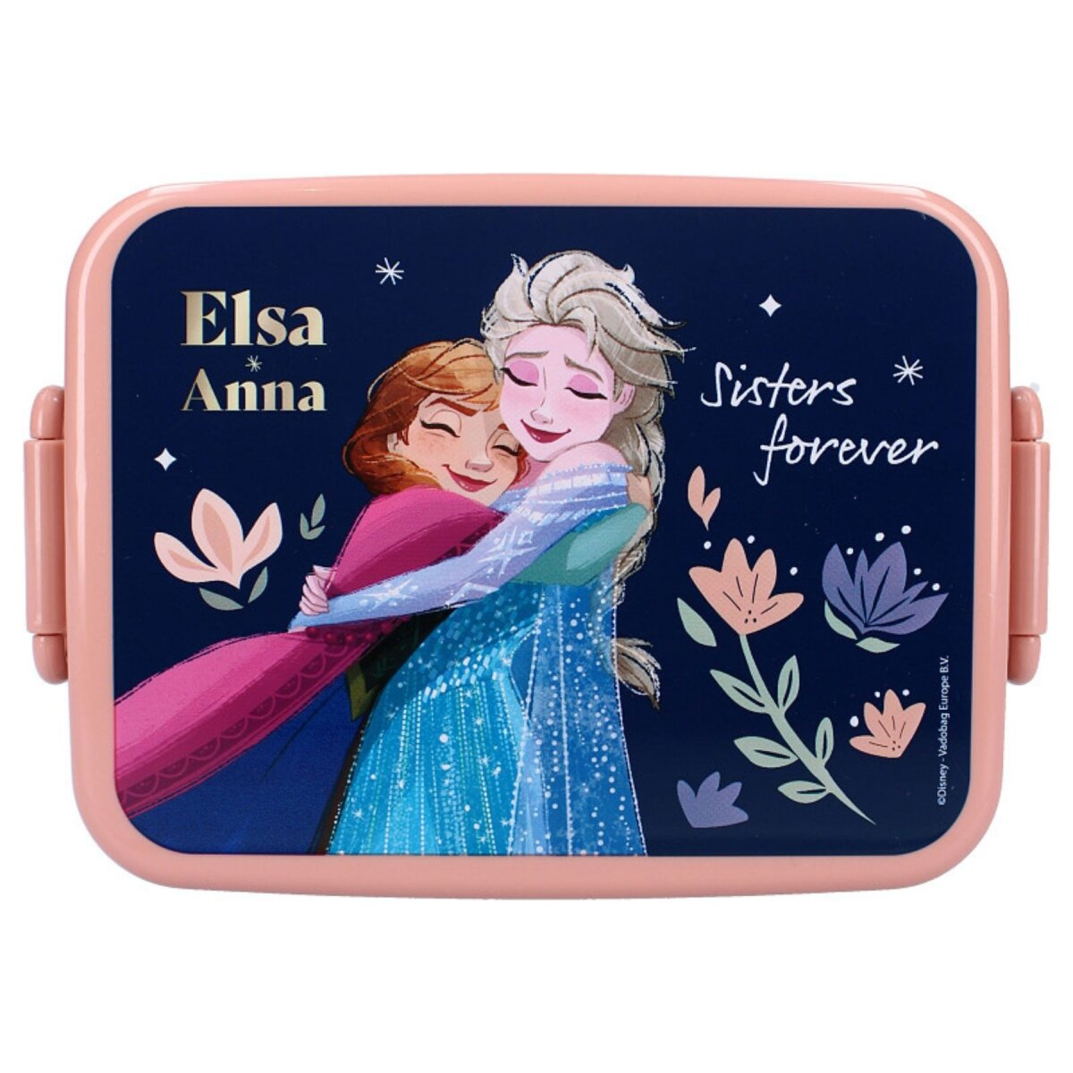 Rosa Brotdose mit einem Bild von Elsa und Anna, die sich umarmen.