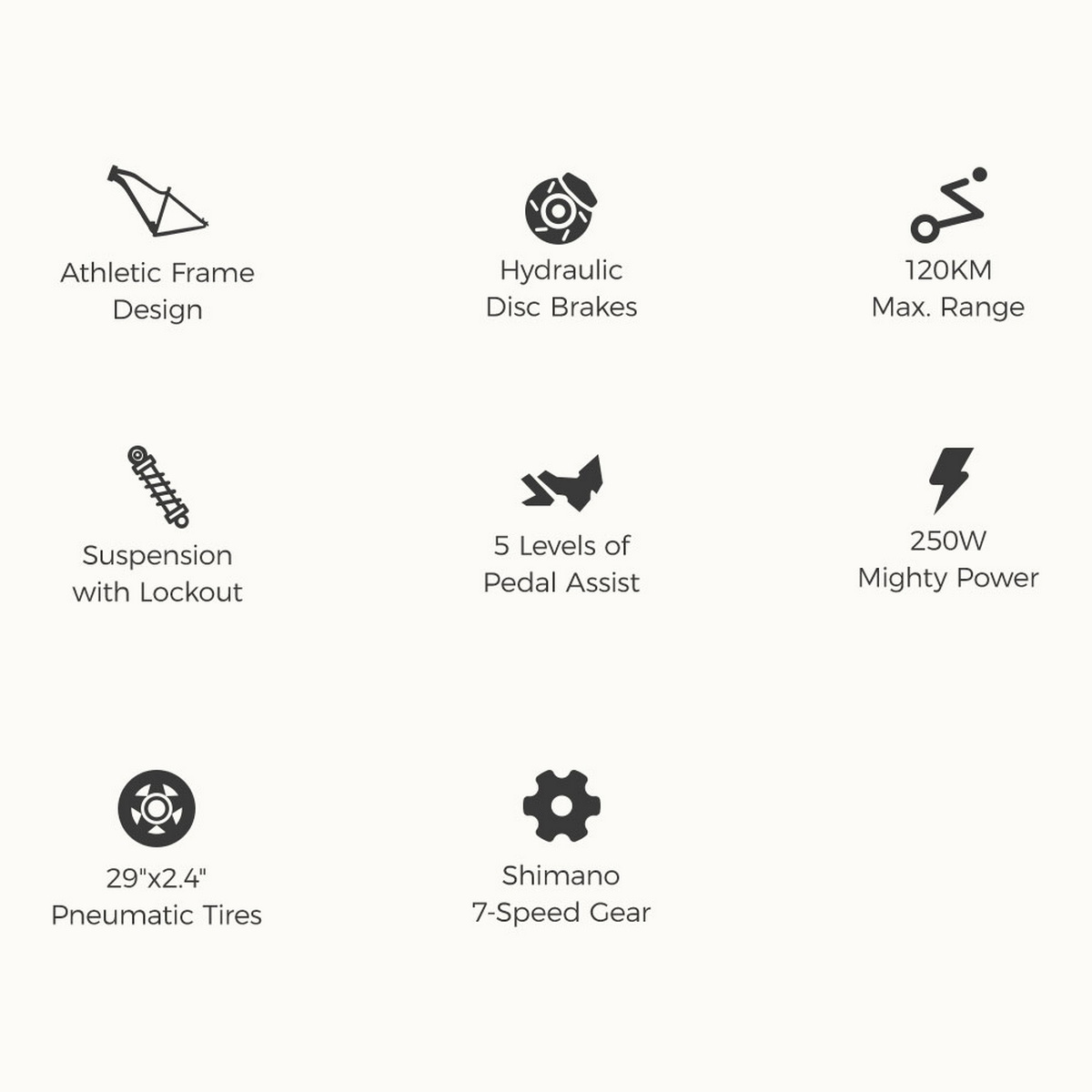 Ikony z tekstem: sportowa rama, hydrauliczne hamulce tarczowe, maks. zasięg 120KM, zawieszenie, wspomaganie pedałowania, moc 250W.