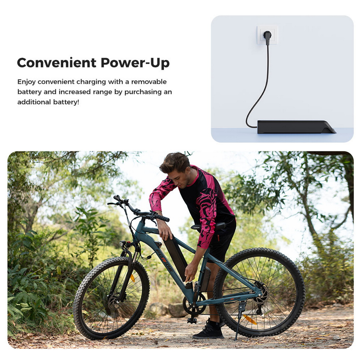 Mężczyzna ładujący rower elektryczny z gniazdem i portem ładowania.