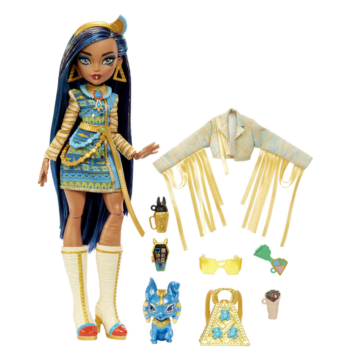 Monster High Cleopatra Puppe mit Zubehör. Puppe hat blaue Haare und Kleidung im ägyptischen Stil.