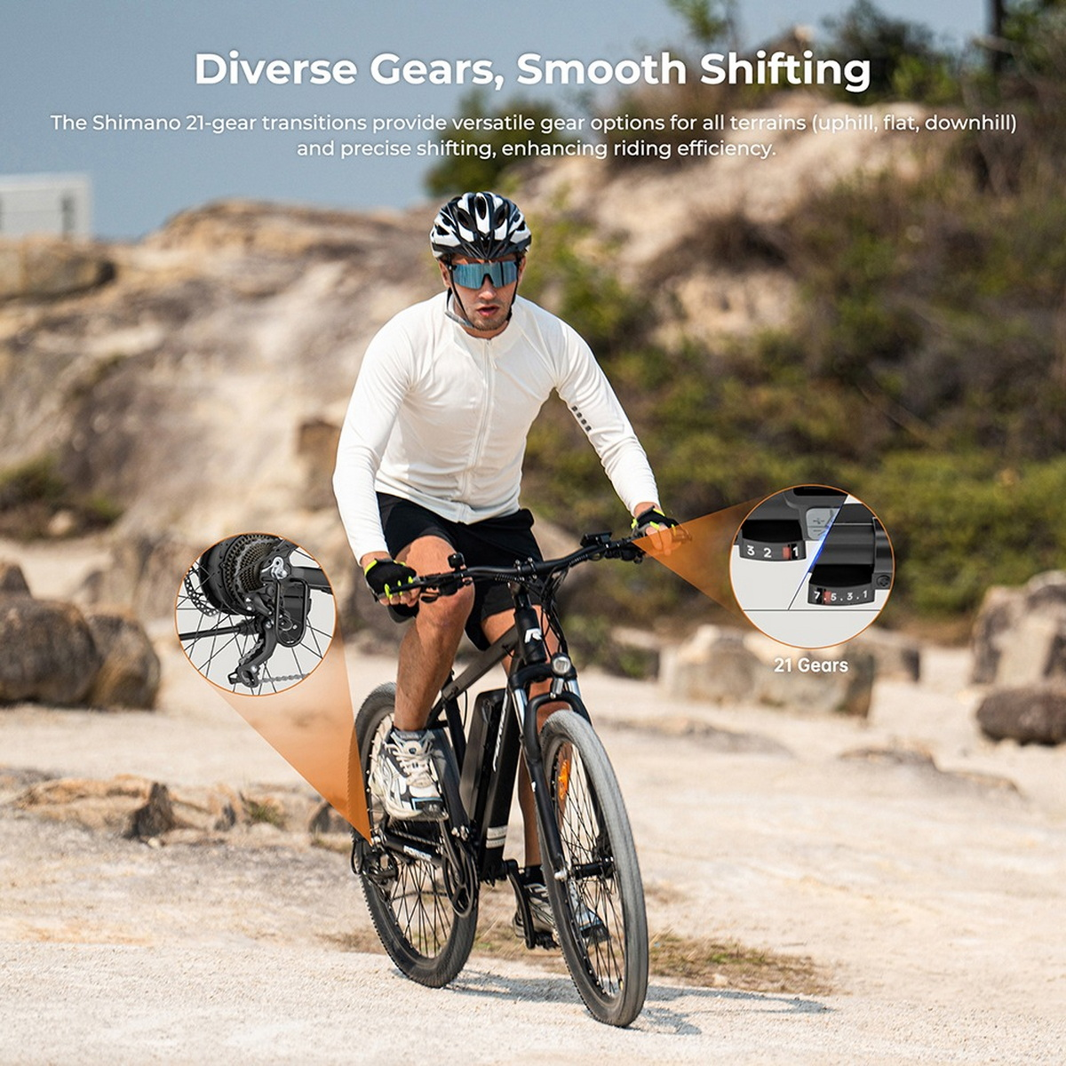 Mężczyzna na e-rowerze, szczegóły biegów podświetlone. Tło: skalisty teren. Mężczyzna w białej kurtce i kasku.