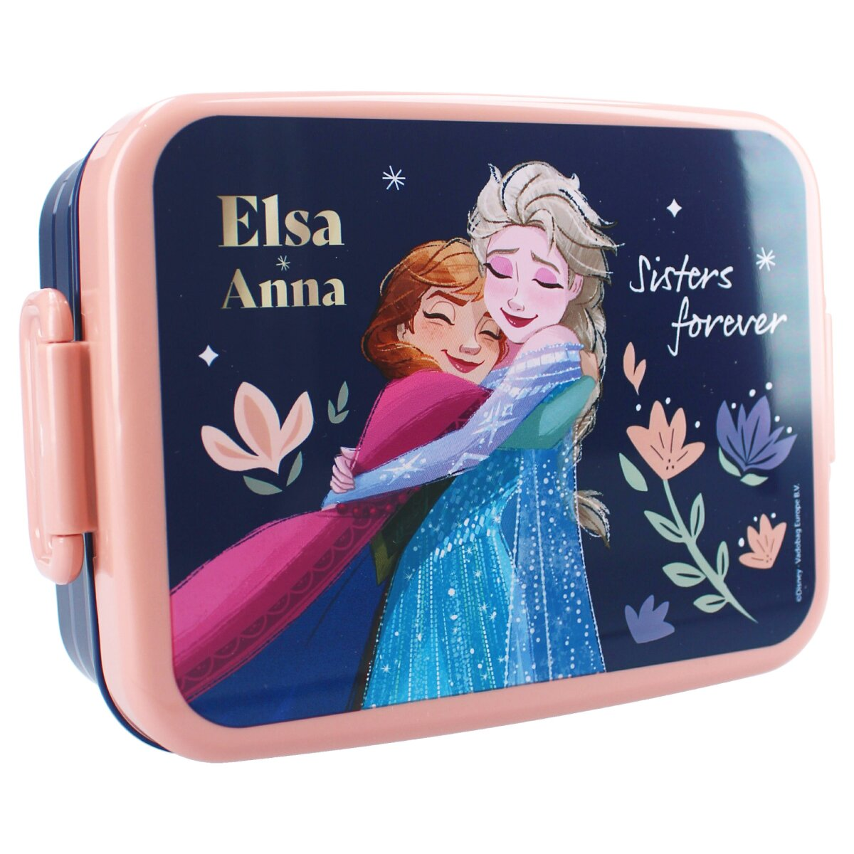 Elsa und Anna umarmen sich auf einer rosa-blauen Brotdose mit dem Text 'Sisters forever'.