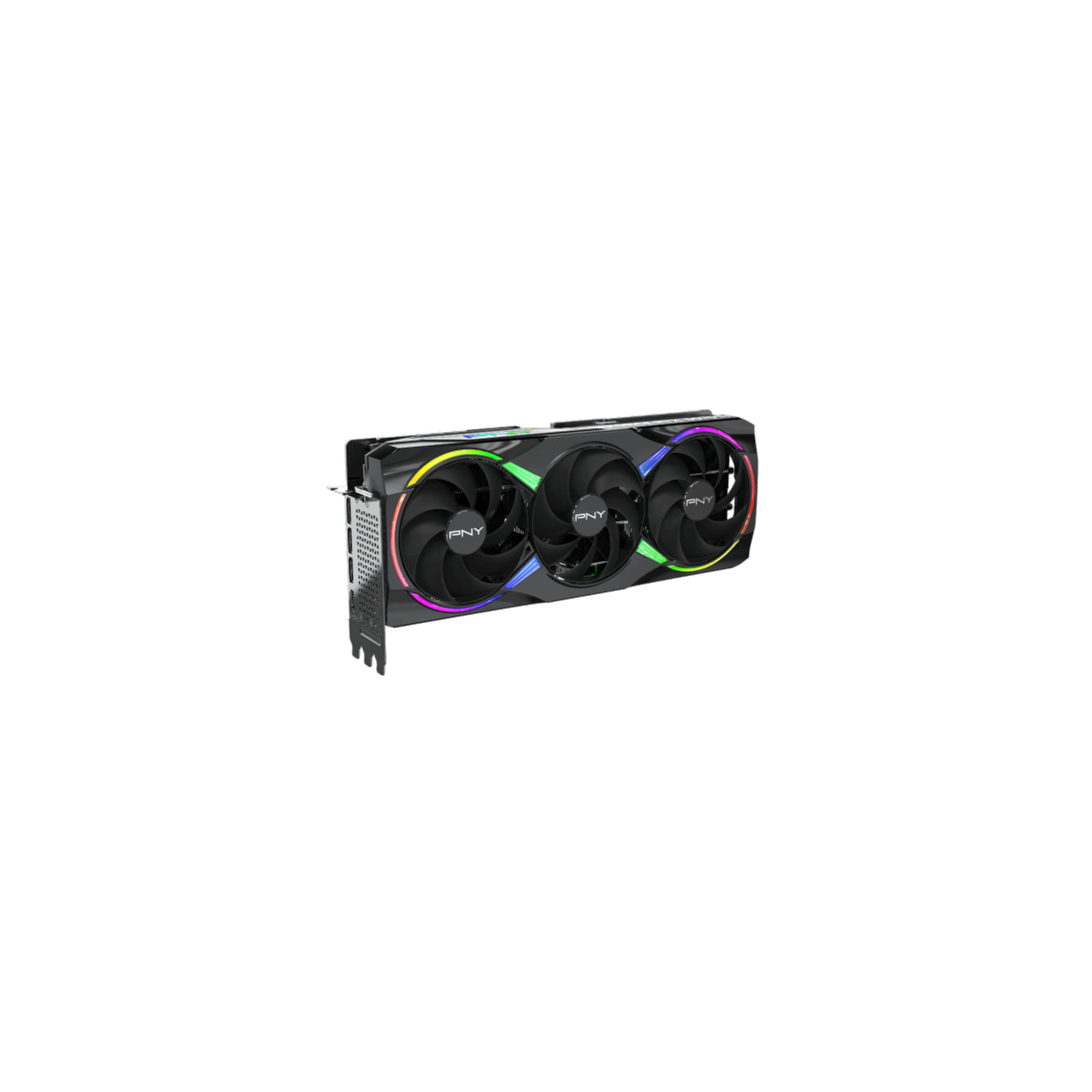 Tarjeta gráfica con tres ventiladores e iluminación RGB, vista lateral, sobre fondo blanco.
