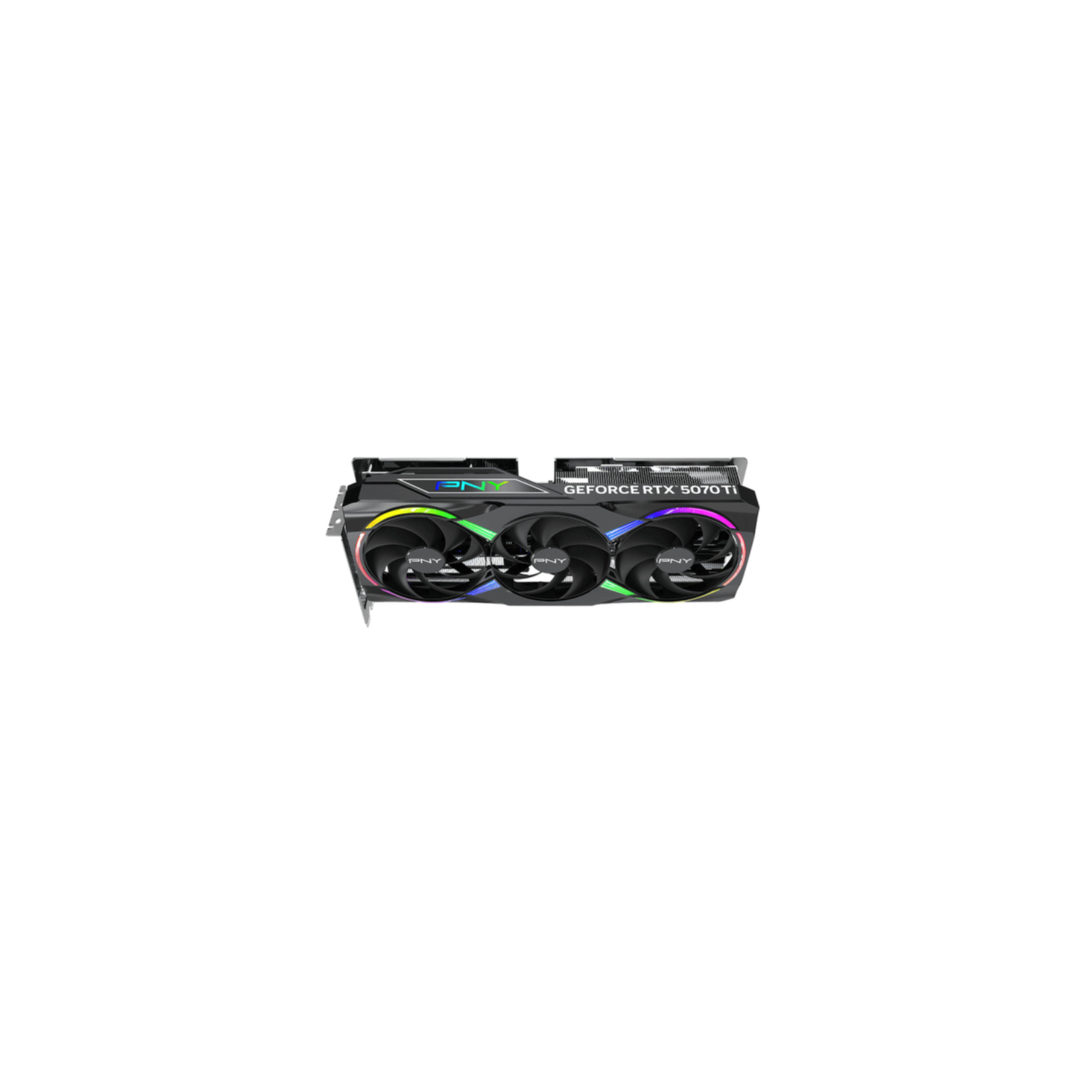 Una tarjeta gráfica negra y plateada con tres ventiladores, luces de arcoíris y marcas PNY y GeForce RTX 5070 Ti.