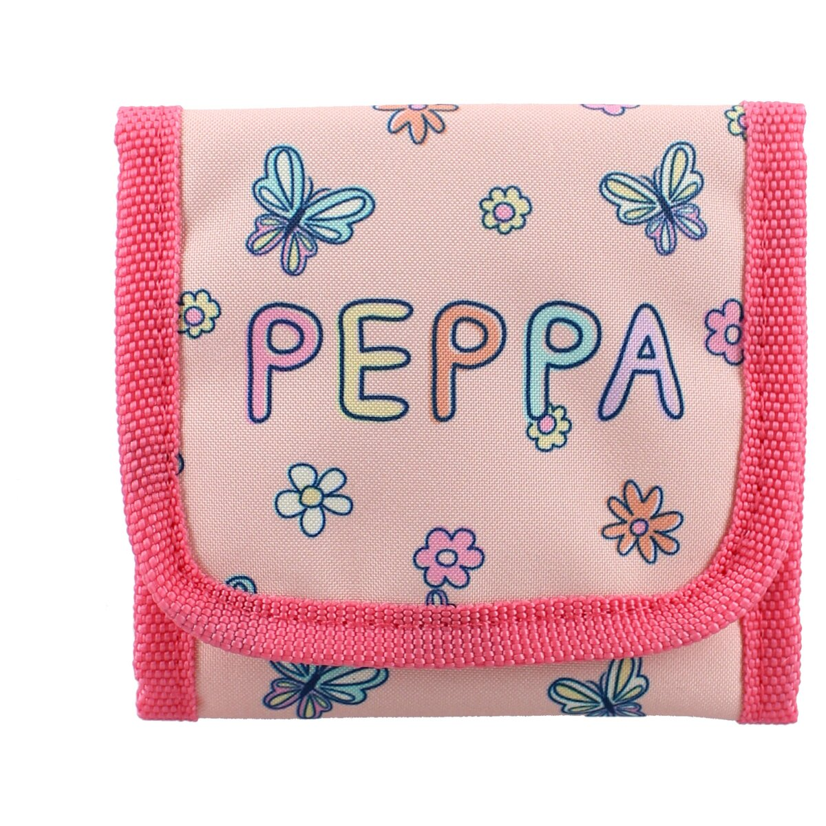 Eine rosa Geldbörse mit Blumen, Schmetterlingen und dem Wort 'PEPPA'. Geschlossen mit rosa Rand.
