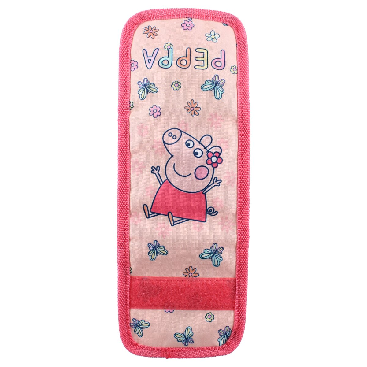 Ein rosa Sitzbezug mit Peppa Wutz-Motiv und Peppa- und Blumendesigns.