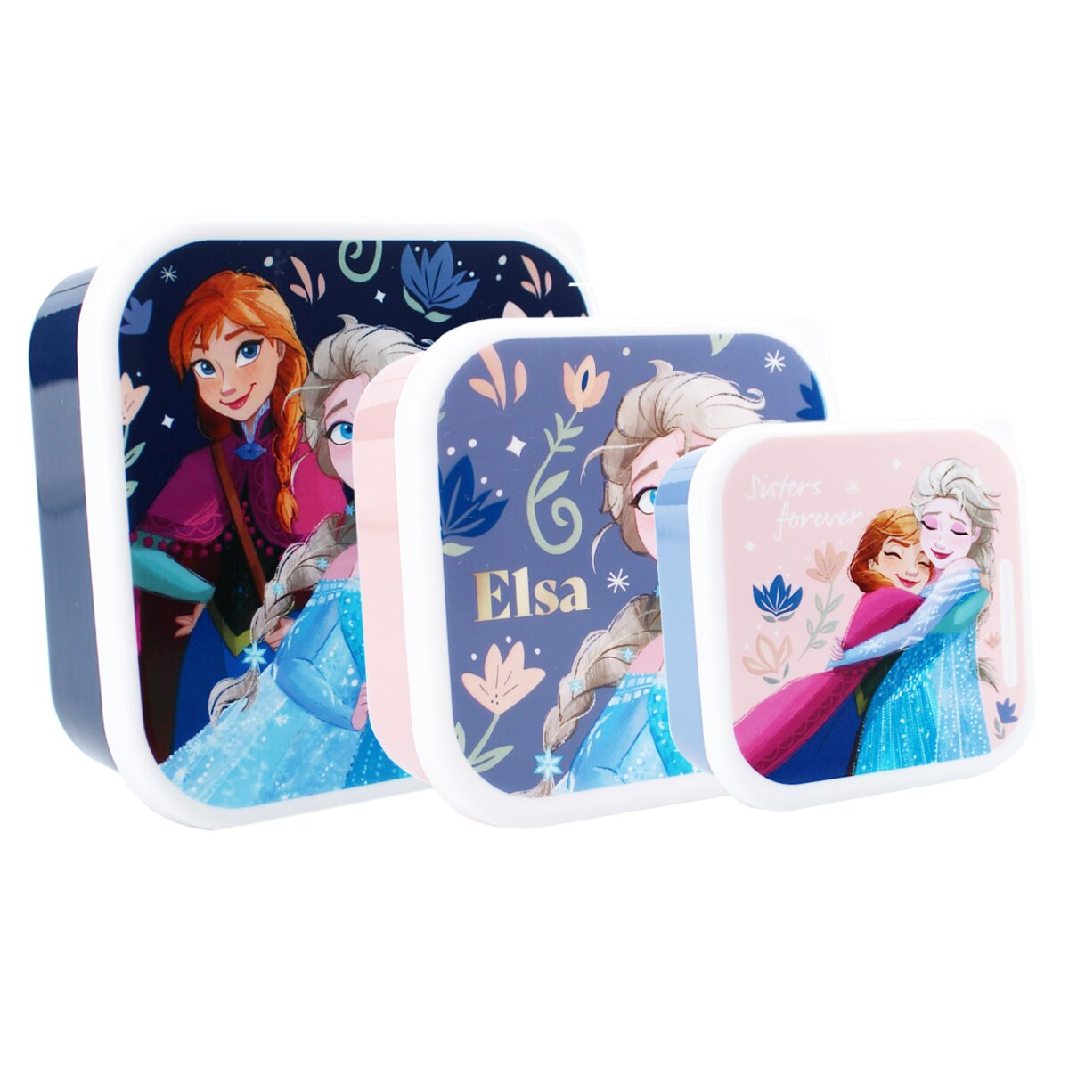 Drei quadratische Lunchboxen mit Frozen-Charakteren. Blaue, rosa und weiße Deckel. Weißer Hintergrund.