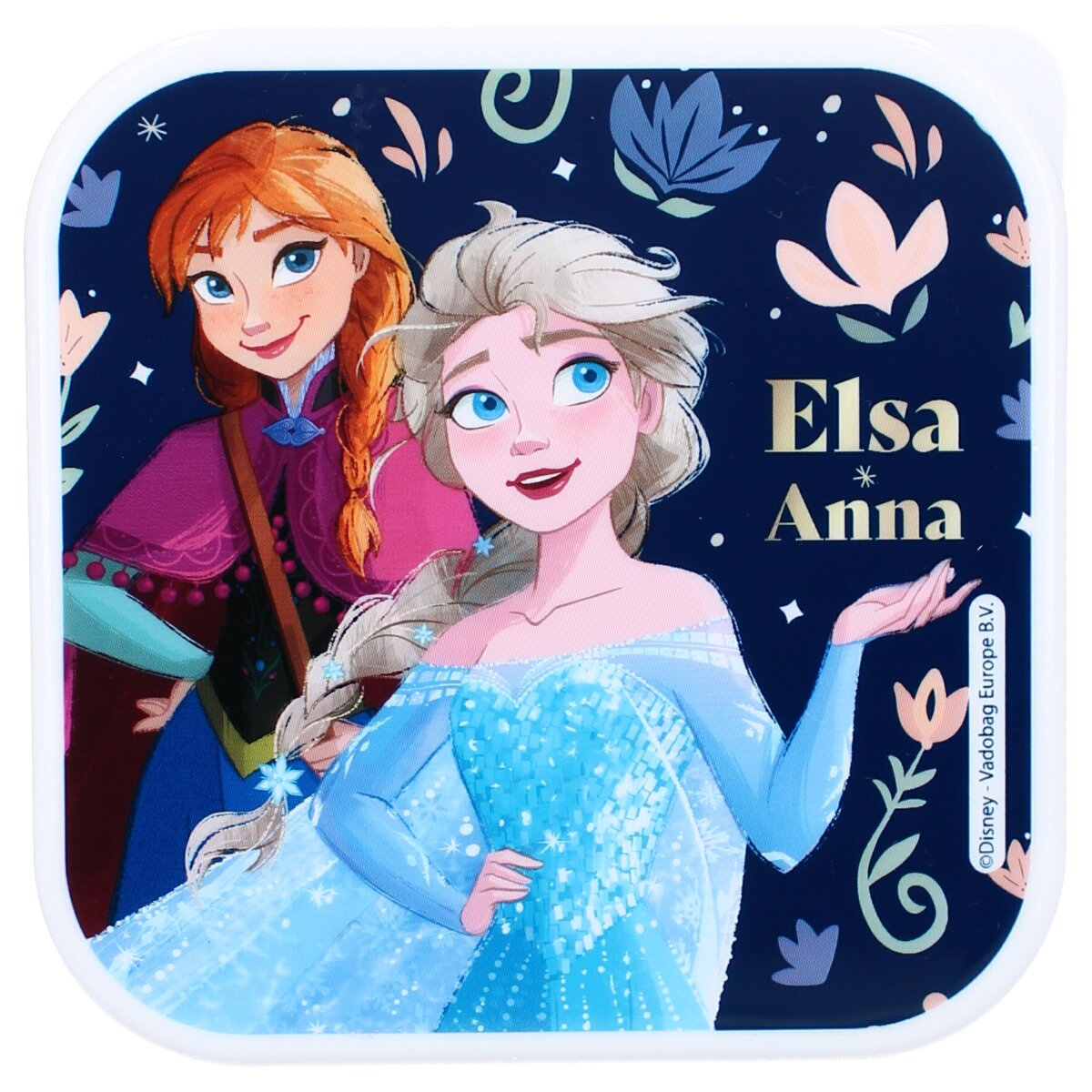Ein quadratischer Brotdosendeckel mit Anna und Elsa aus Frozen. Blumendesign, blau und weiß.