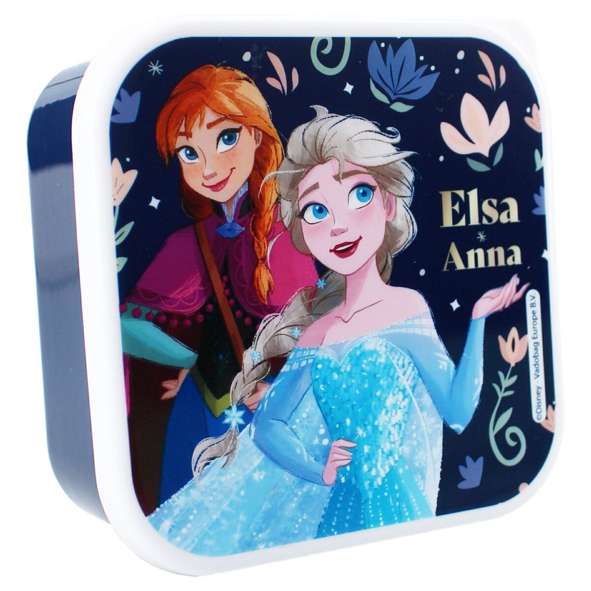 Eine Frozen-Lunchbox mit Elsa und Anna auf floralem Hintergrund. Weiß und blau.