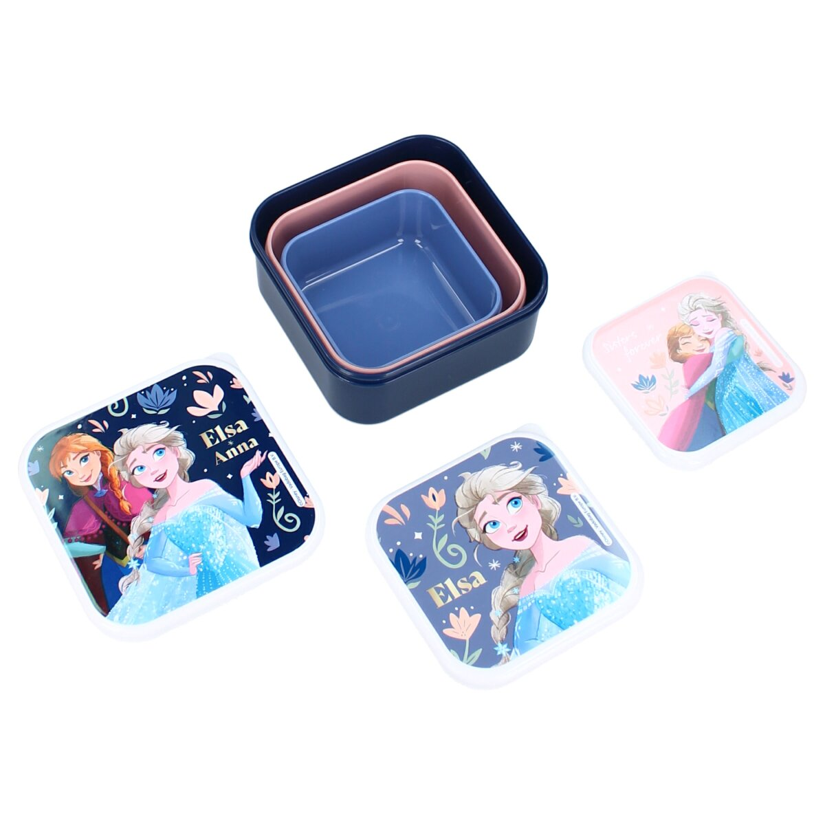 Drei Brotdosen mit Frozen-Charakteren. Blau, rosa und weiß. Weißer Hintergrund.
