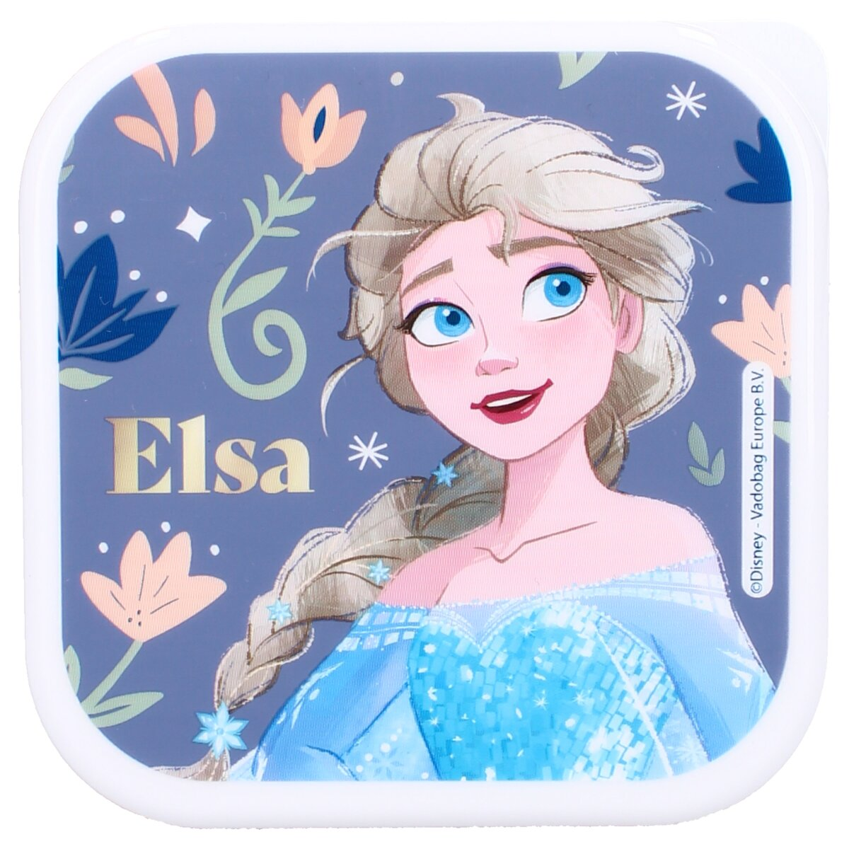 Eine Brotdose mit Elsa aus Frozen. Sie hat einen blauen Hintergrund und einen weißen Rand.