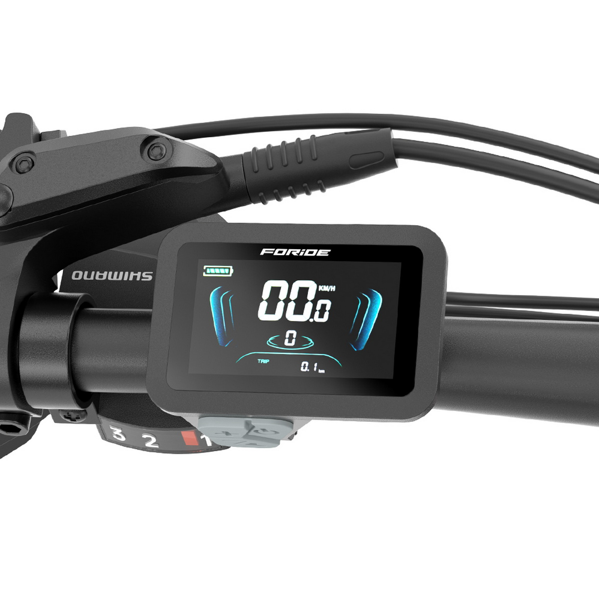 Zbliżenie wyświetlacza roweru elektrycznego pokazującego prędkość, poziom naładowania baterii i inne dane.