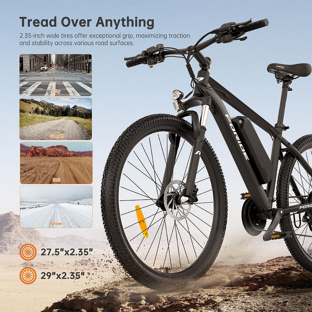 Schwarzes Elektrofahrrad mit Text über Reifengrip und Bildern von verschiedenen Terrains.
