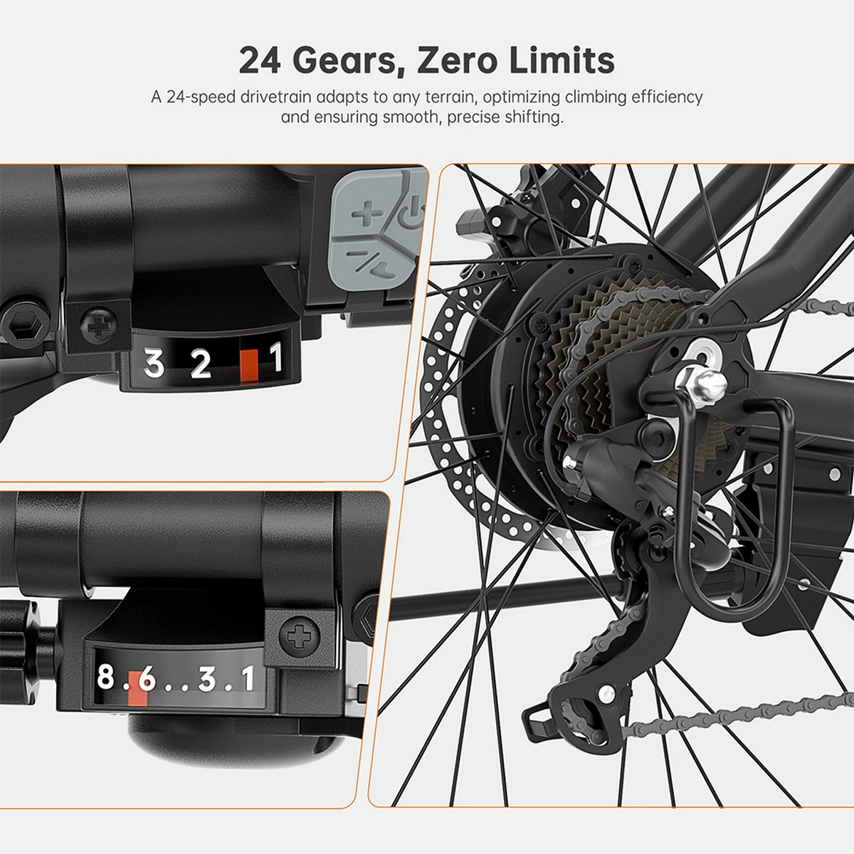 Zbliżenie na przerzutki i manetki roweru. Wyświetlacz pokazuje numery biegów 1, 2, 3 i od 3.1 do 8.6.