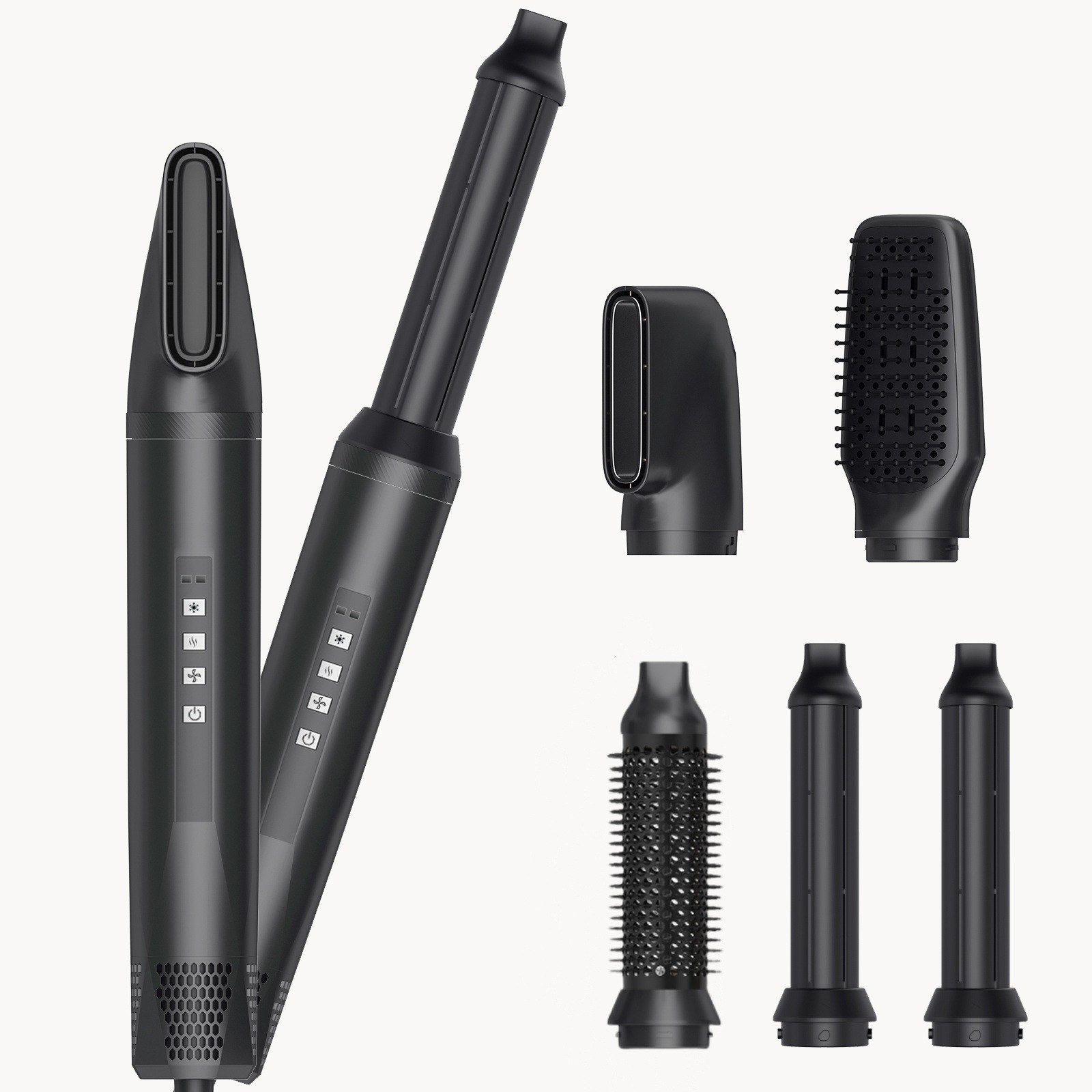 Schwarzes Haarstyling-Gerät mit mehreren Aufsätzen.