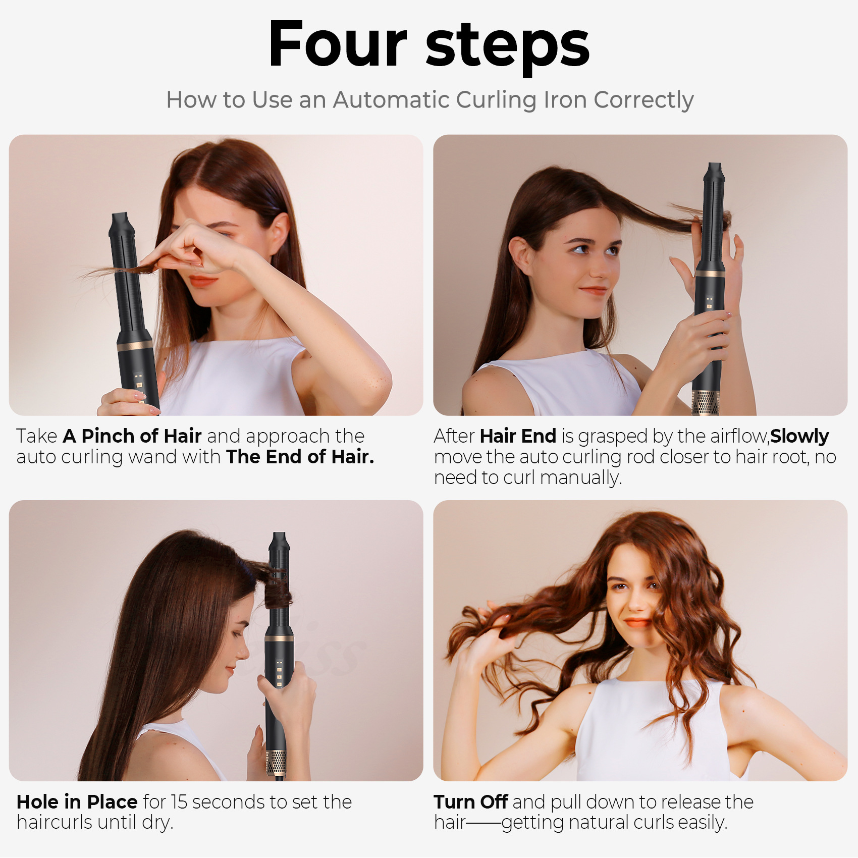Vier Schritte zum Locken der Haare mit einem Lockenstab. Eine Frau wird in jedem Schritt gezeigt.