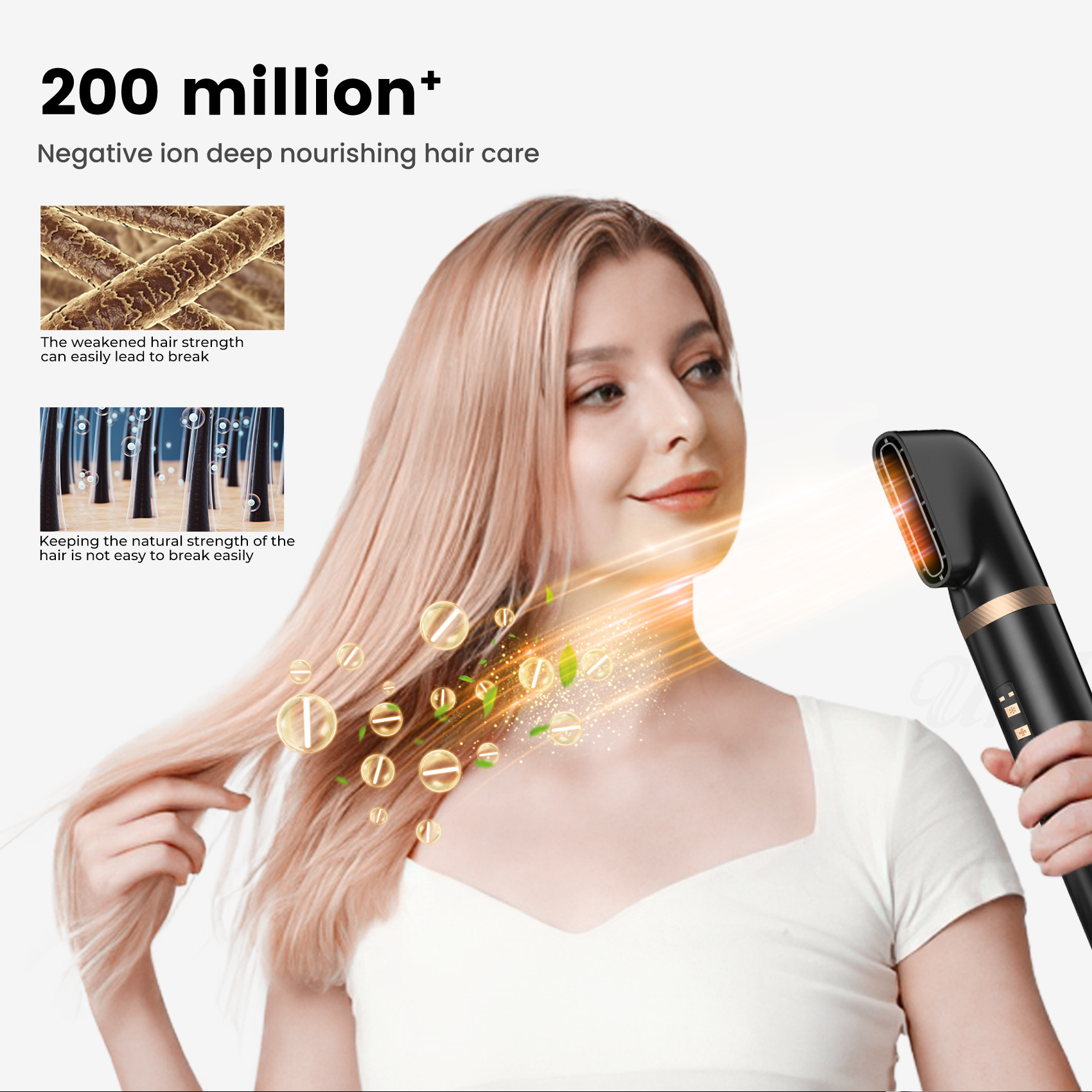 Eine Frau mit langen Haaren benutzt einen Haartrockner. Blasen und Diagramme veranschaulichen die Haargesundheit.