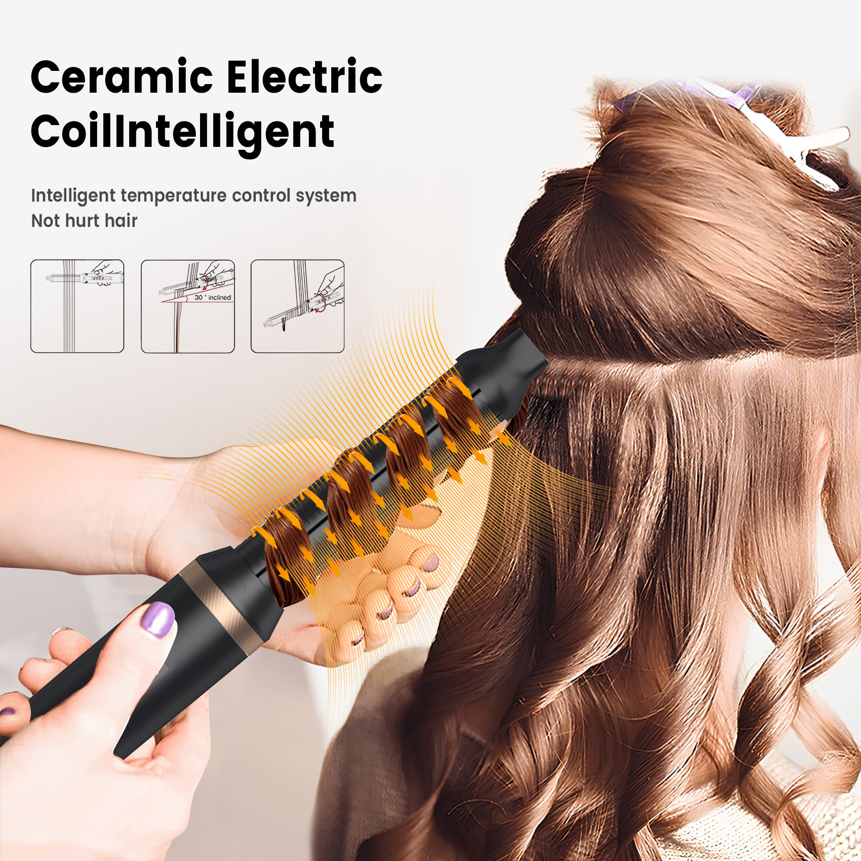 Eine Frau lockt Haare mit einem Keramik-Lockenstab. Diagramme zeigen, wie das Bügeleisen funktioniert.