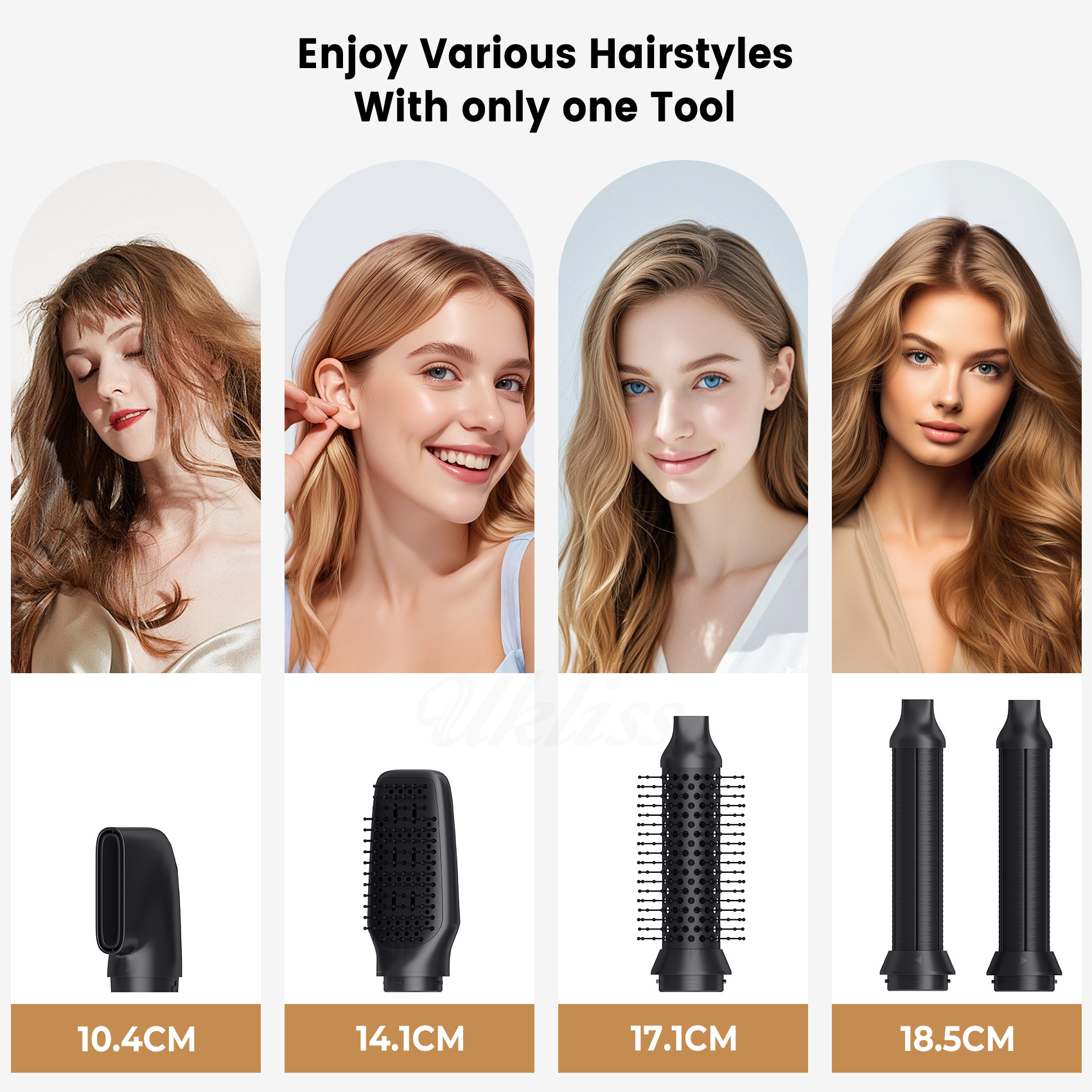Bild mit Frauen und verschiedenen Haarstyling-Aufsätzen.