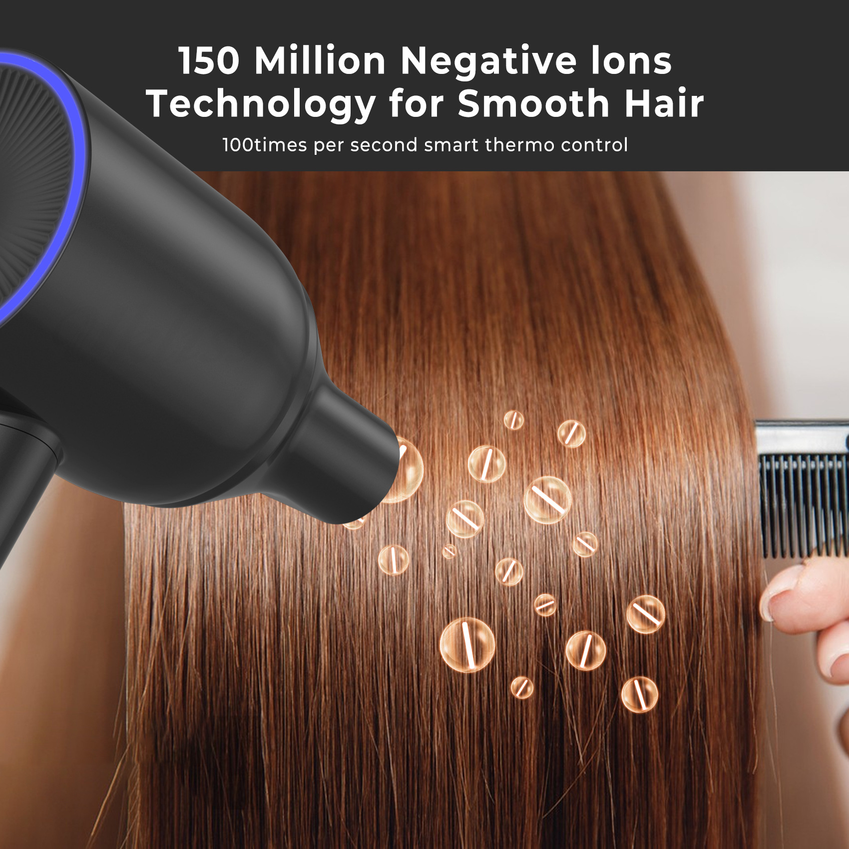 Haare, die mit einem schwarzen Haartrockner, der Licht aussendet, gestylt werden. Blasen werden um das Haar herum gezeigt.