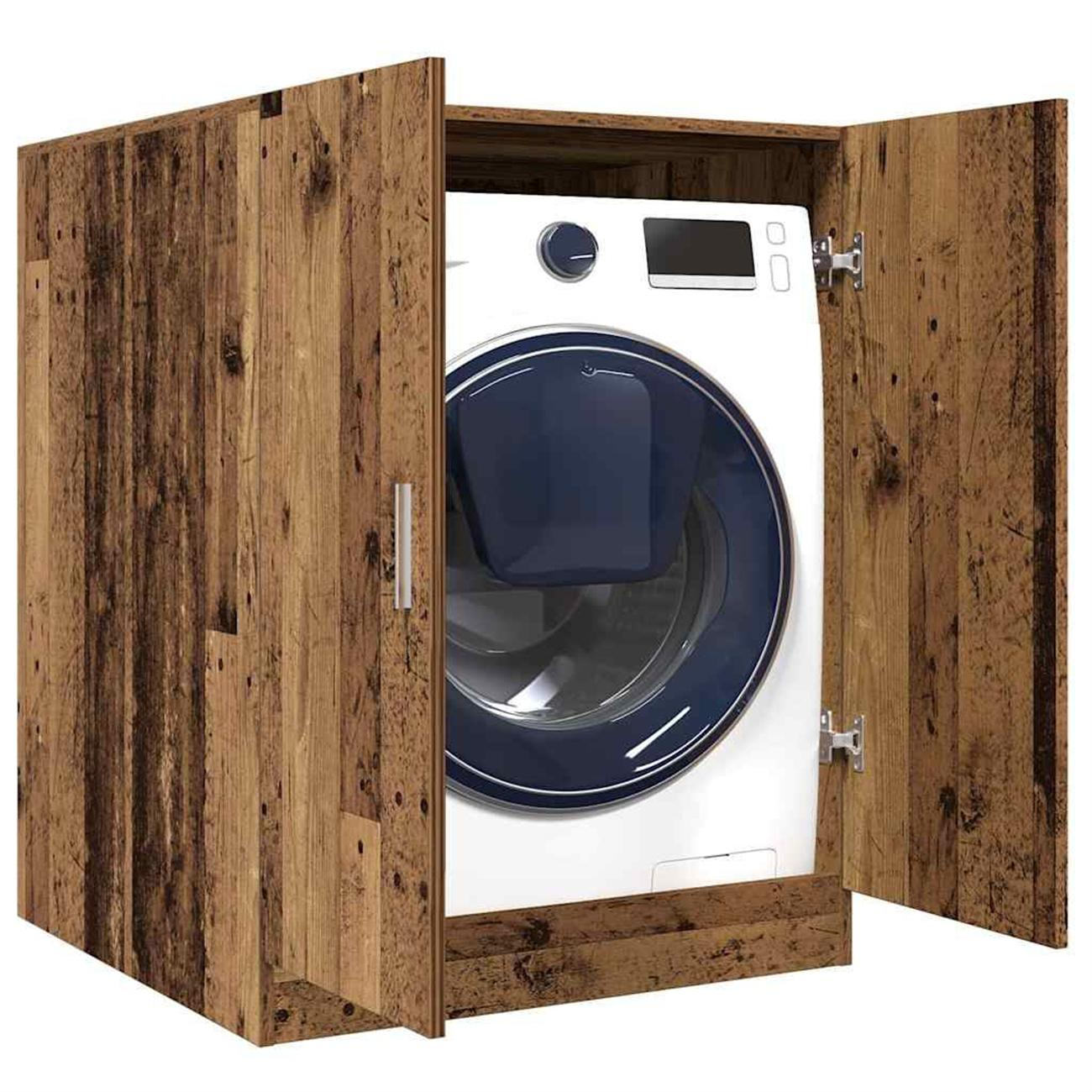 Waschmaschine in einem Holzschrank mit offenen Türen. Blaue Details auf der Maschine.