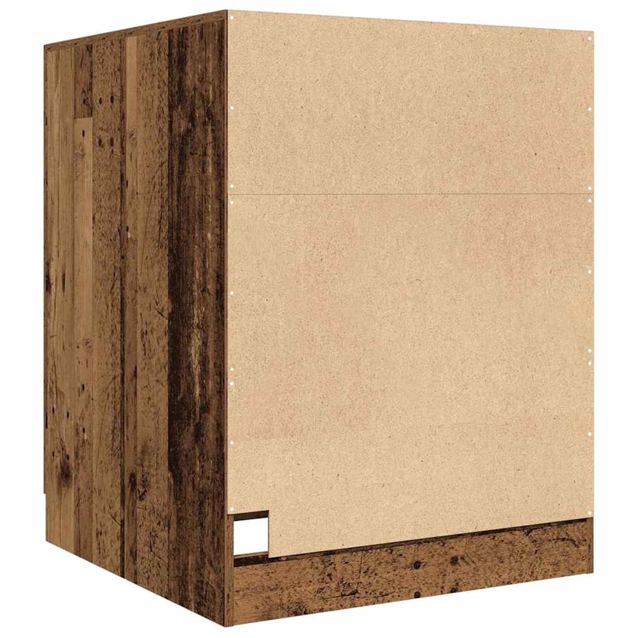 Rückansicht eines braunen Holzschranks mit einer hellbraunen Platte. Eine kleine Öffnung ist sichtbar.