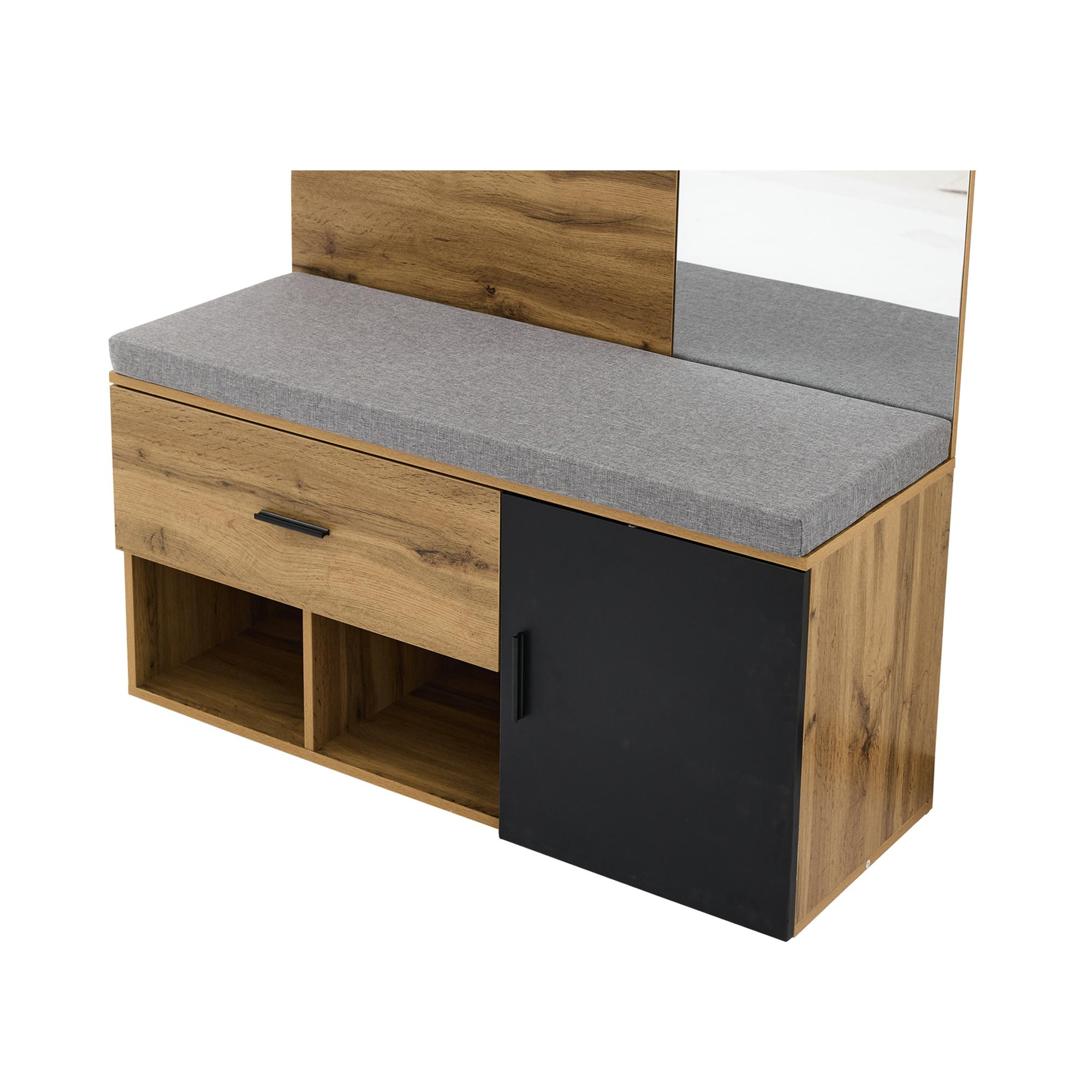 Schuhaufbewahrung aus Holz mit Schublade, Fach und schwarzer Tür.