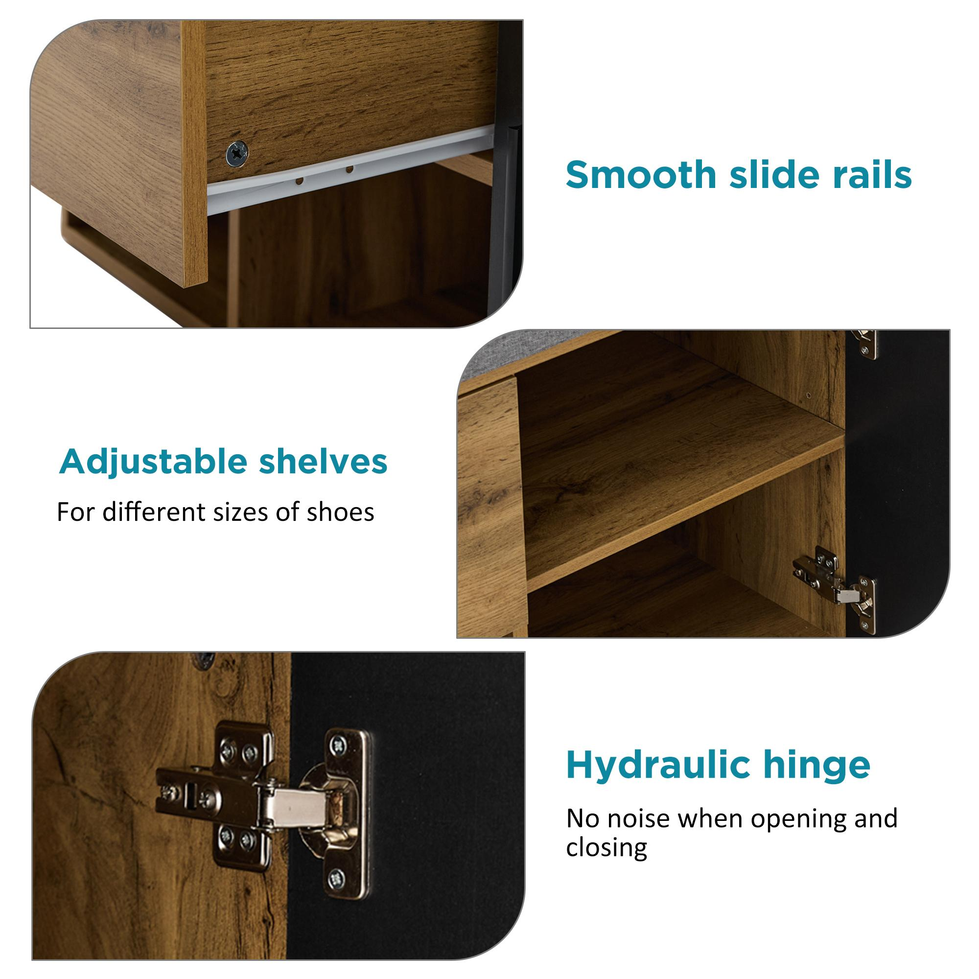 Nahaufnahme eines Holzschranks mit Details zu Regalen, Schienen und einem Hydraulikscharnier. Textbeschriftungen sind enthalten.