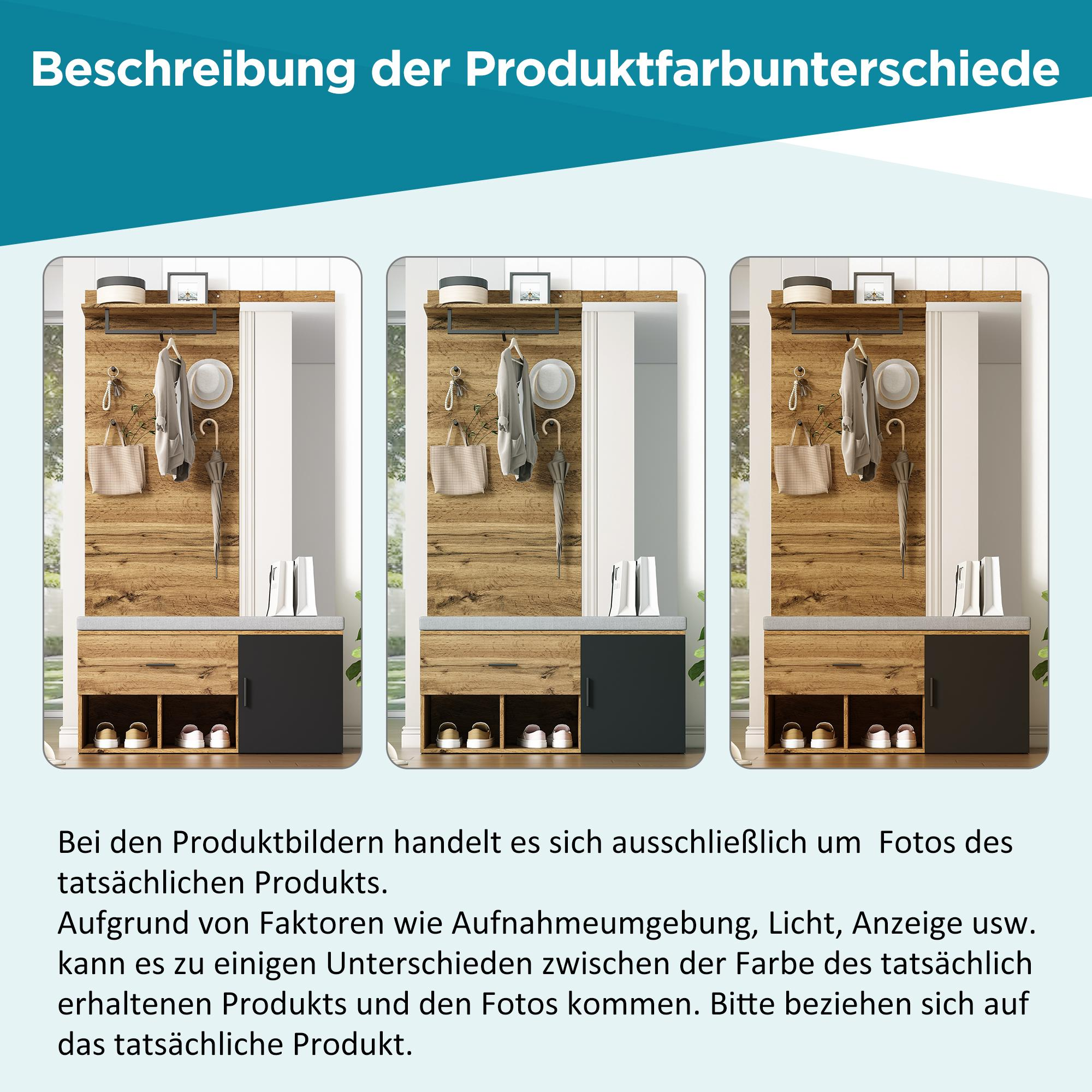 Drei Bilder einer hölzernen Wandeinheit mit Haken, Regalen und Schuhaufbewahrung, für einen Flur.
