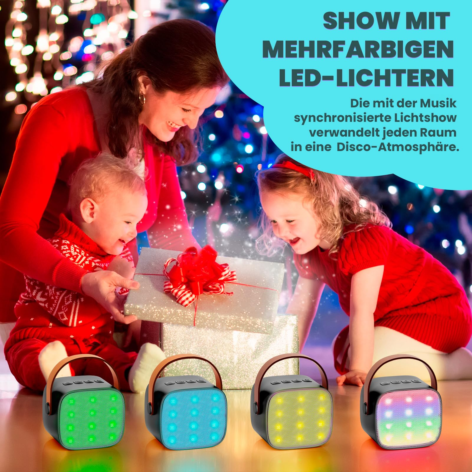 Familie mit Geschenken, vier Lautsprecher mit farbigen Lichtern. Festliche Szene.
