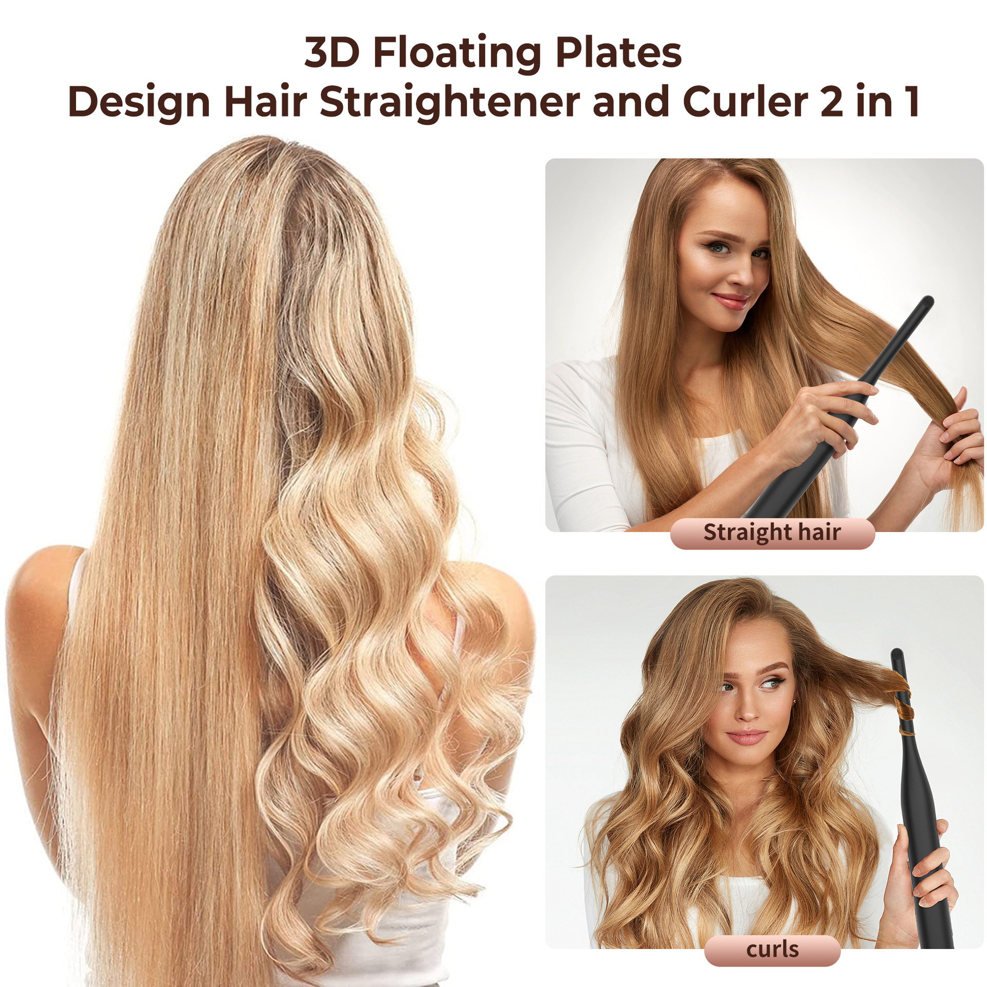 Blondes Haar, glatt und gelockt gestylt, mit einem 2-in-1-Design für Haarglätter und Lockenstab.