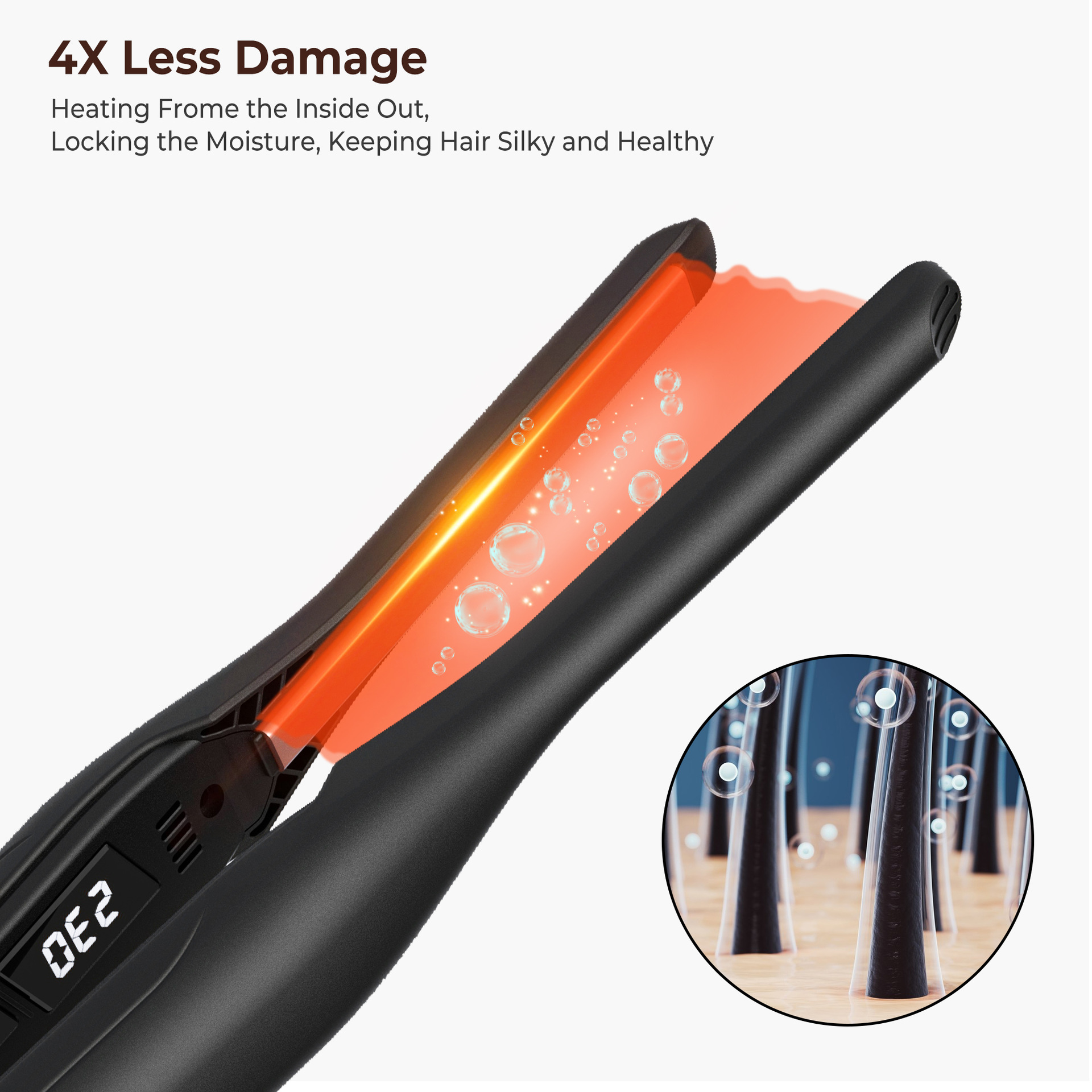 Ein schwarzer Haarglätter mit einem orangefarbenen Heizelement. Eine Nahaufnahme von Haarwurzeln ist in der Ecke.