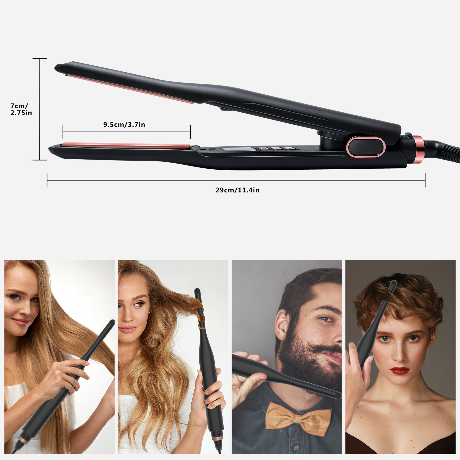 Schwarzer Haarglätter mit roségoldenen Akzenten, begleitet von Bildern des Haarstylings.