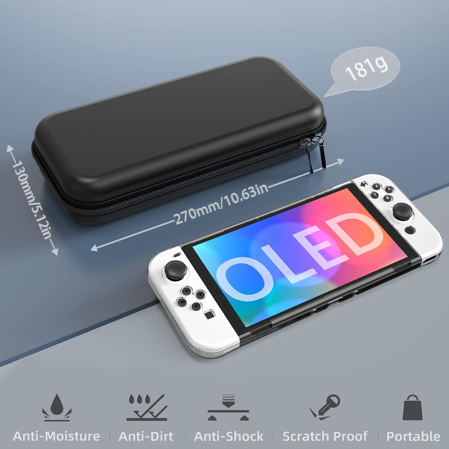 Eine schwarze Nintendo Switch OLED-Konsole mit Hülle und Zubehör, Abmessungen und Gewicht werden angezeigt.