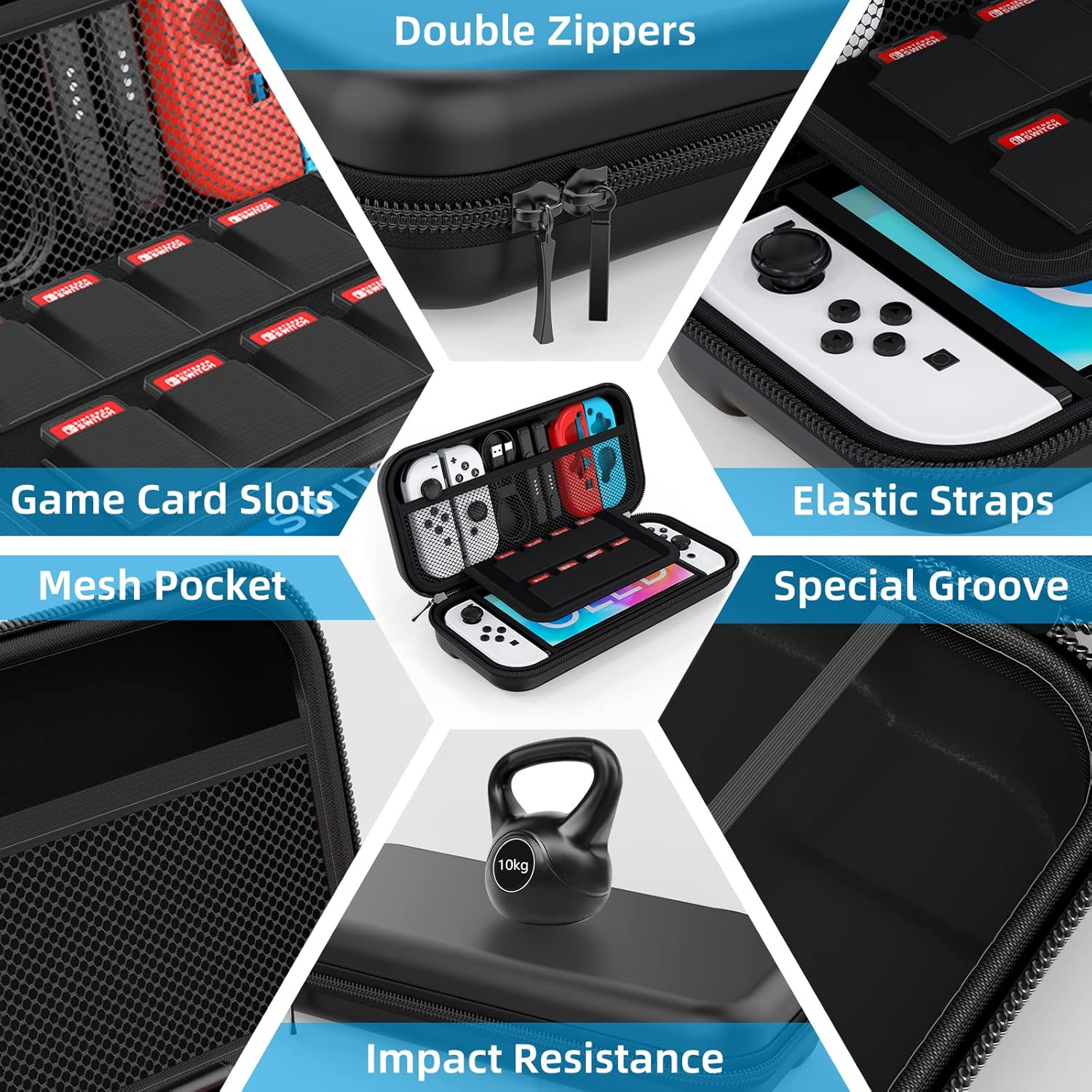 Ein Koffer mit Nintendo Switch Zubehör, darunter Spielkarten, Controller und eine Kettlebell.
