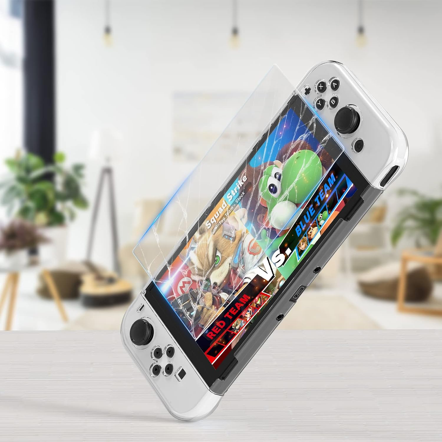 Eine weiße Nintendo Switch Konsole mit aufgebrachter Displayschutzfolie, die ein Spiel zeigt.
