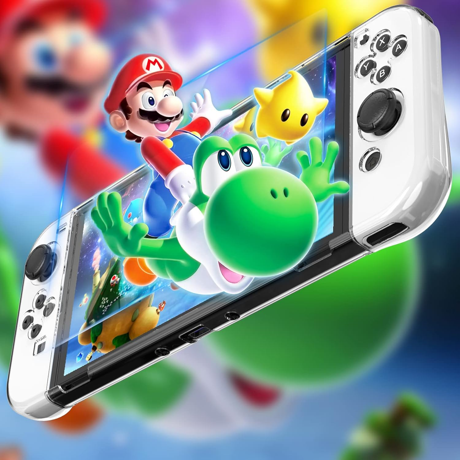 Mario, Yoshi und ein Stern springen aus einem Switch-Bildschirm. Weißer Controller-Rahmen. Blauer Hintergrund.