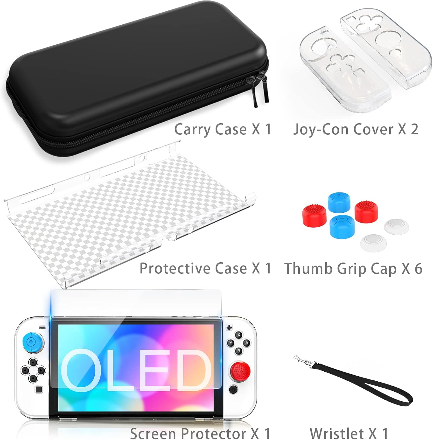 Weiße Switch OLED, Displayschutz, Tragetasche, Joy-Con-Abdeckungen, Daumengriffkappen, Armband.