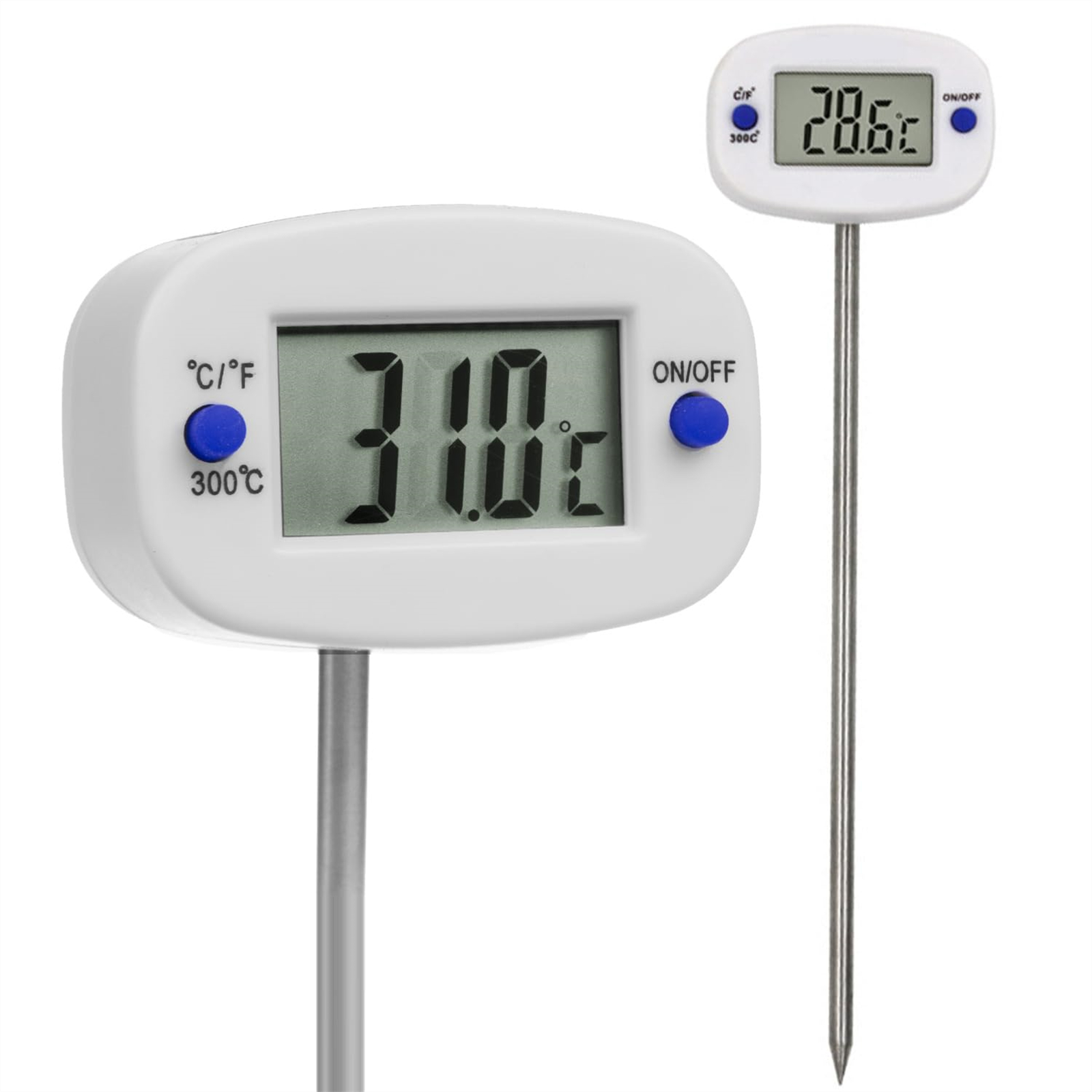 Zwei digitale Thermometer. Eines zeigt 31,0°C, das andere 28,6°C an. Beide haben ein weißes Gehäuse.