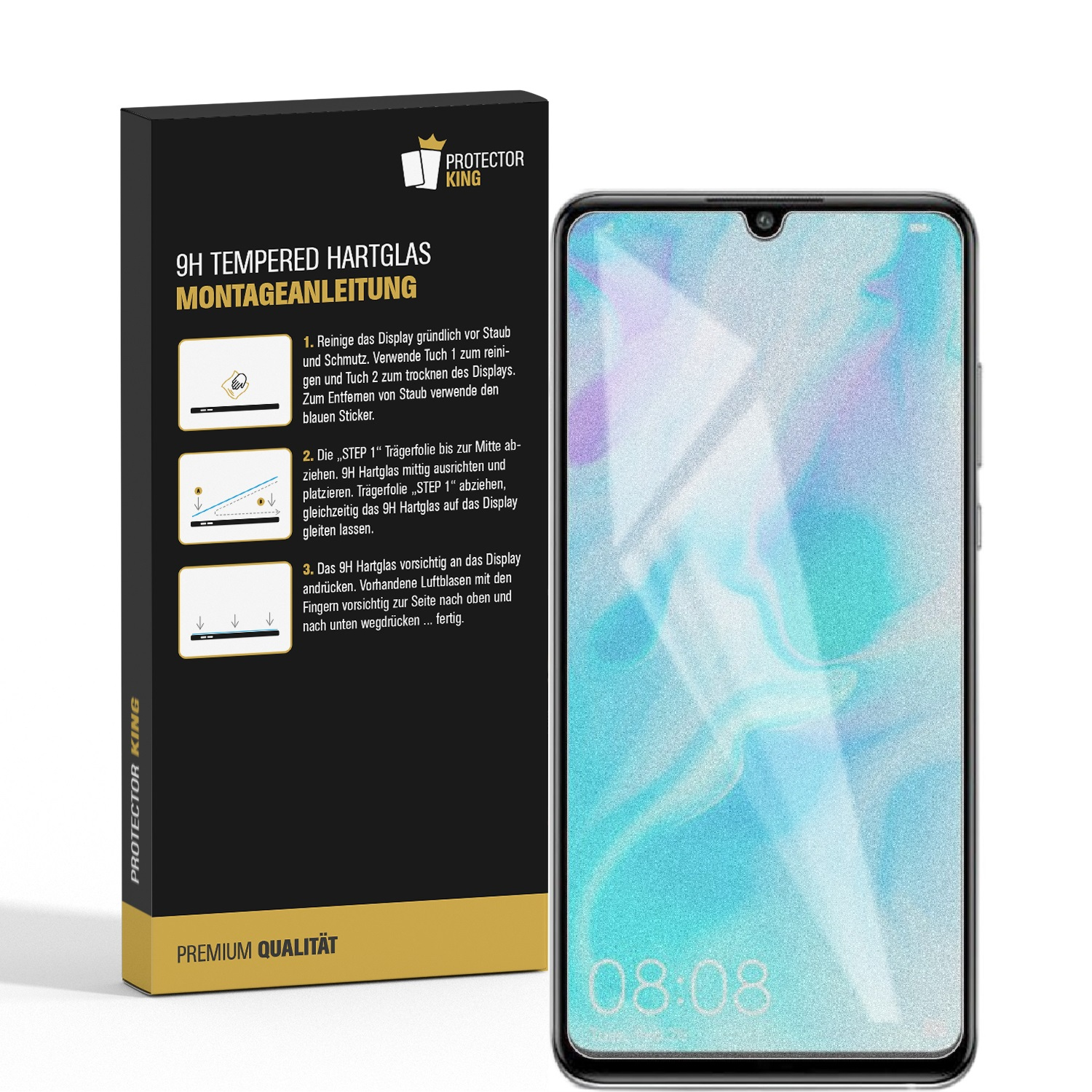 Telefon mit Displayschutz, Anleitung. Text: 9H gehärtetes Glas, Installationsanleitung. Schwarzer Hintergrund.