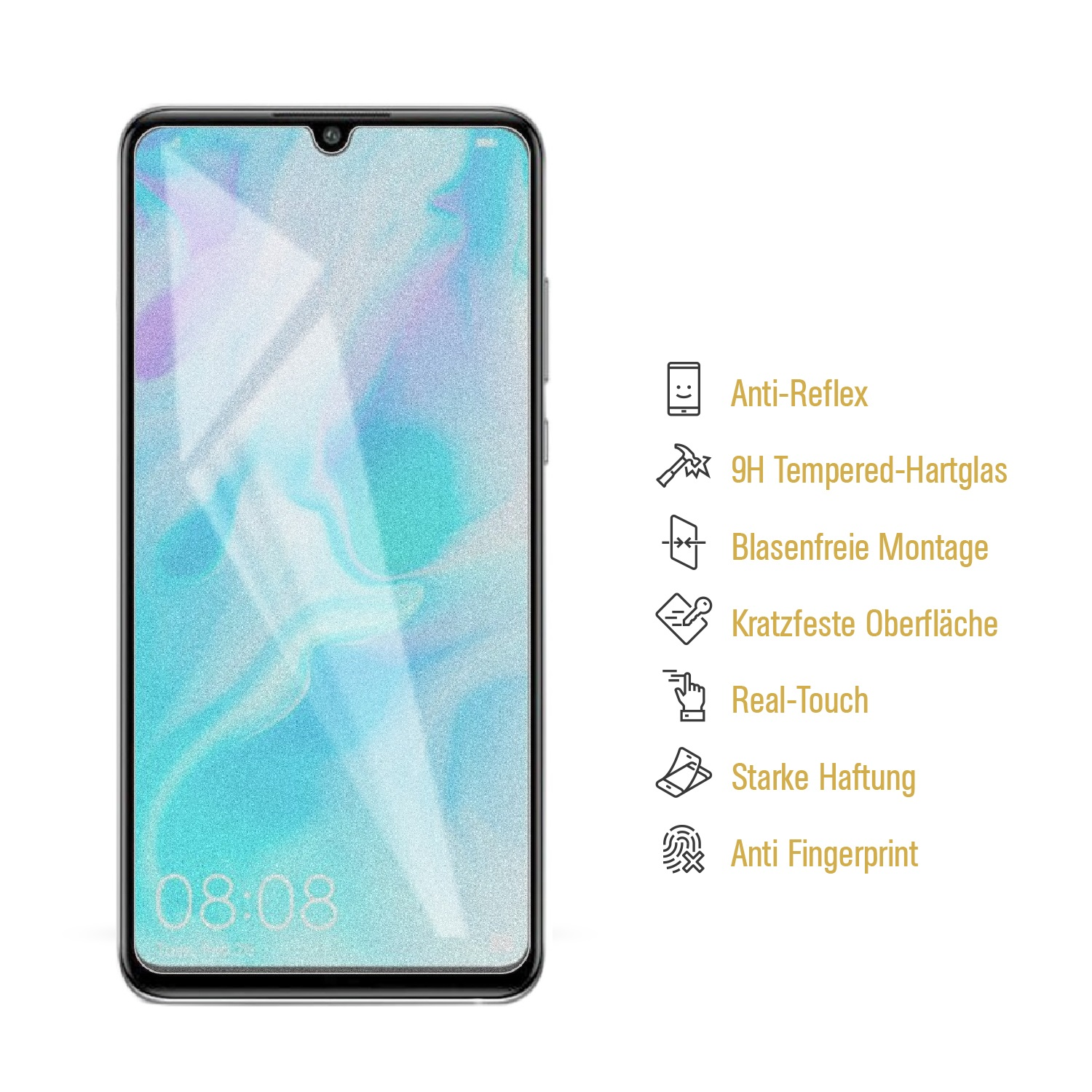 Telefon mit aufgebrachter Displayschutzfolie. Text erwähnt Anti-Reflex, Kratzfestigkeit usw. Weißer Hintergrund.