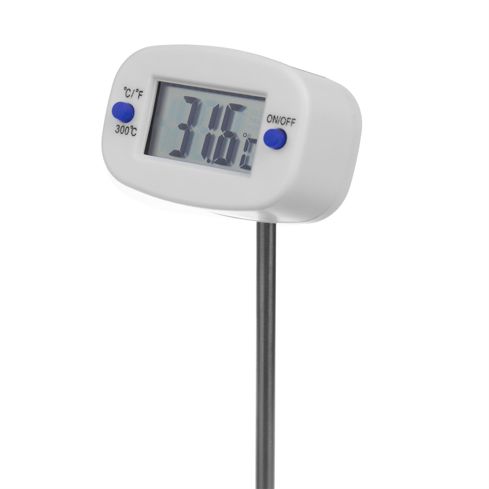 Digitales Thermometer, weiß mit blauen Knöpfen. Zeigt 31.6. Schwarze Sonde. Weißer Hintergrund.