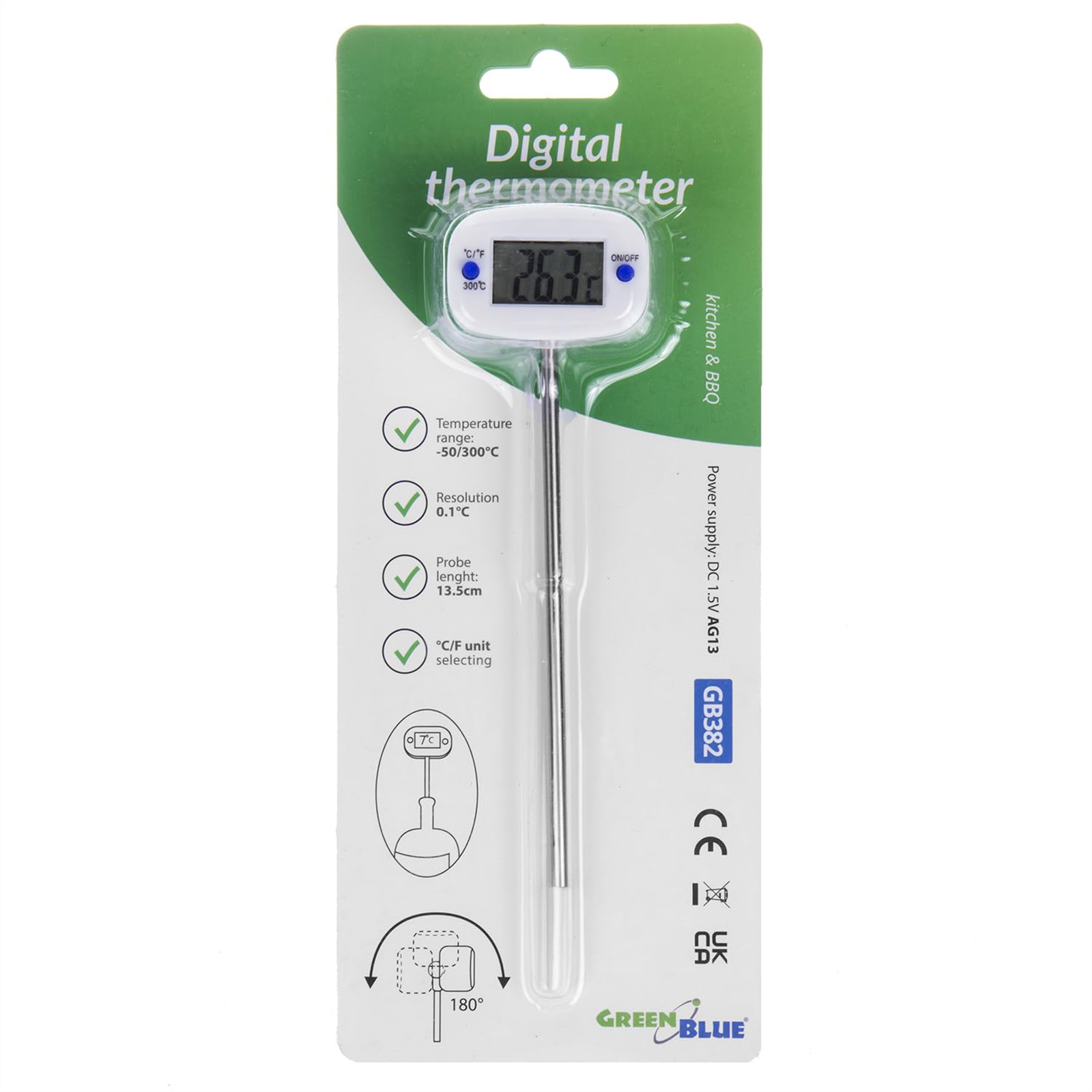 Thermometer-Verpackung. Digitales Thermometer in der Verpackung, weiß und blau, misst 26,3 Grad.